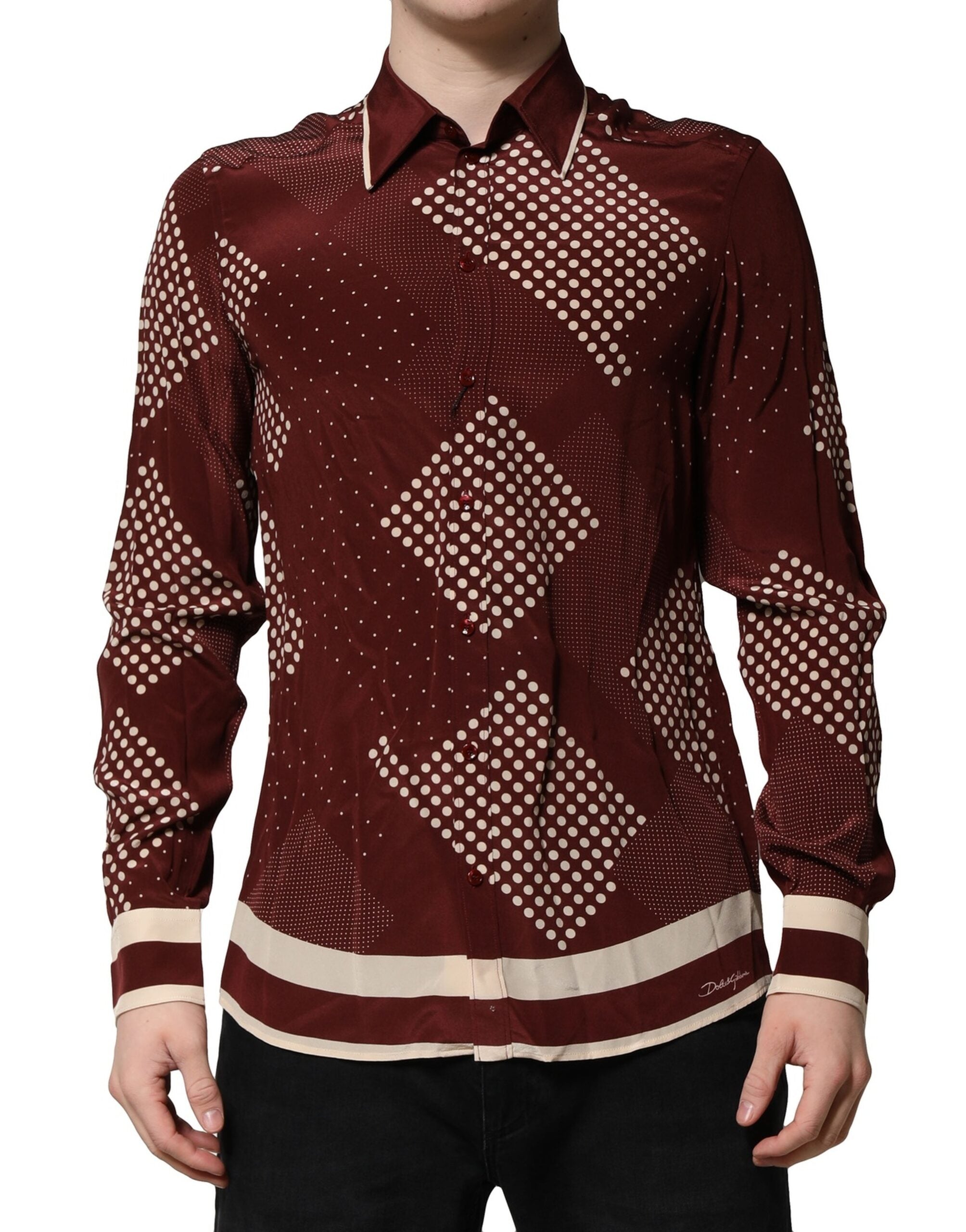 Dolce & Gabbana Maroon Dotted Silk Long Sleeve Casual Shirt LUNESCAPE