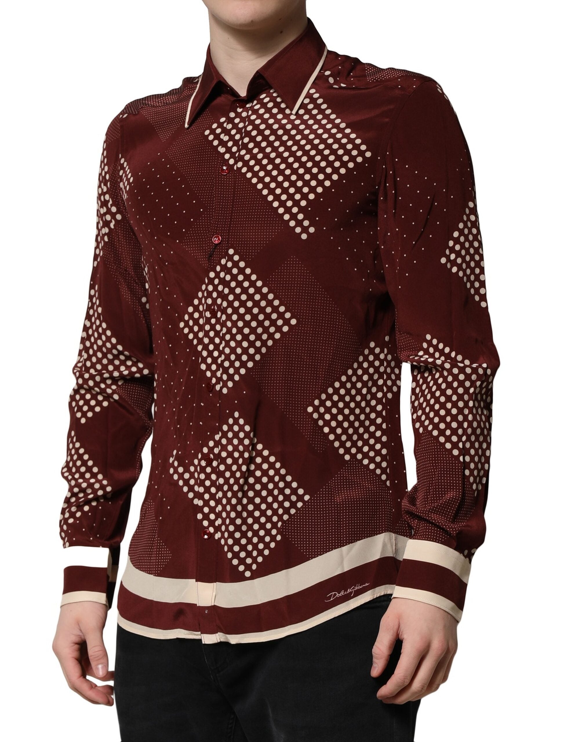 Dolce & Gabbana Maroon Dotted Silk Long Sleeve Casual Shirt LUNESCAPE