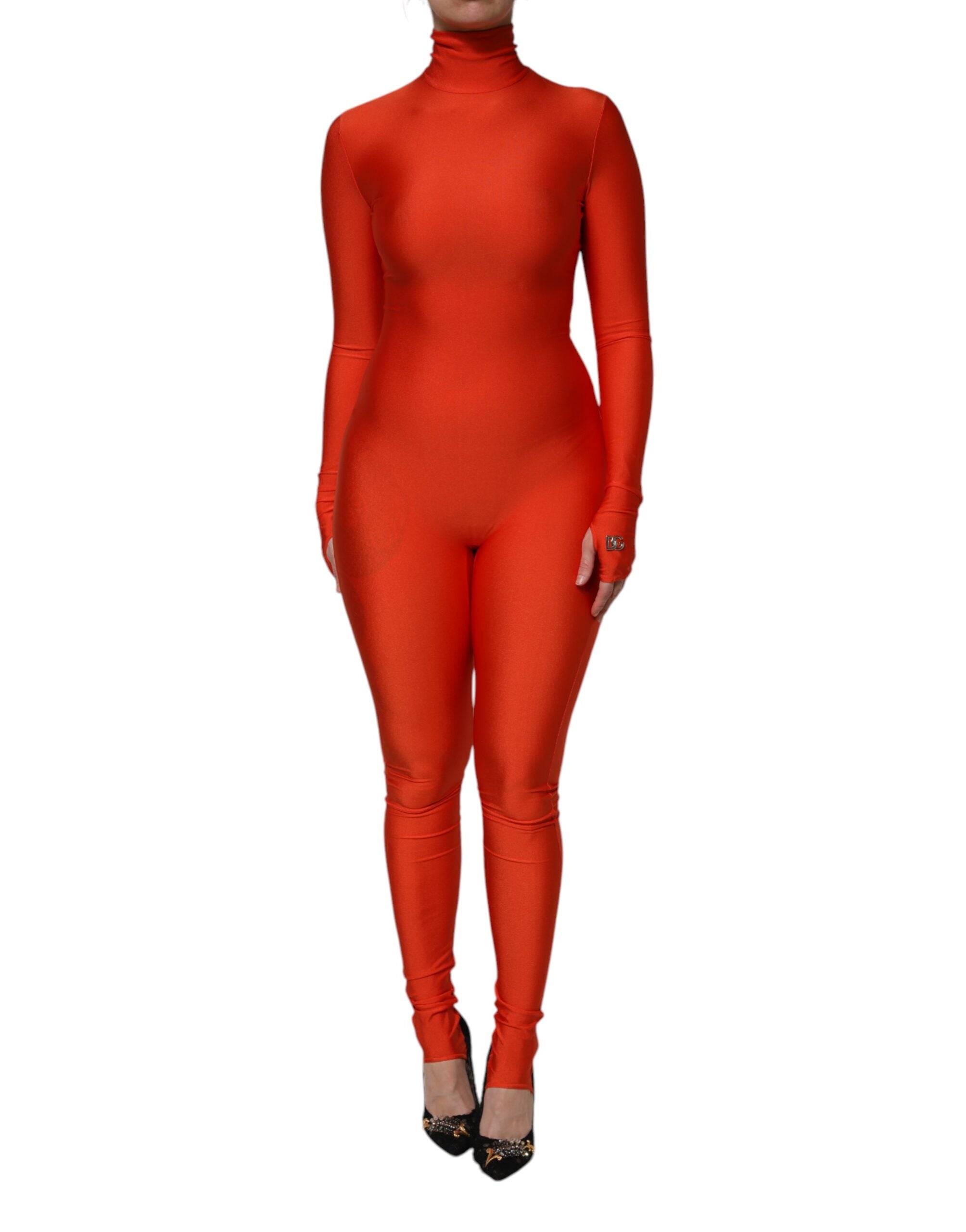 Dolce & Gabbana Red Nylon Turtleneck Bodycon Jumpsuit