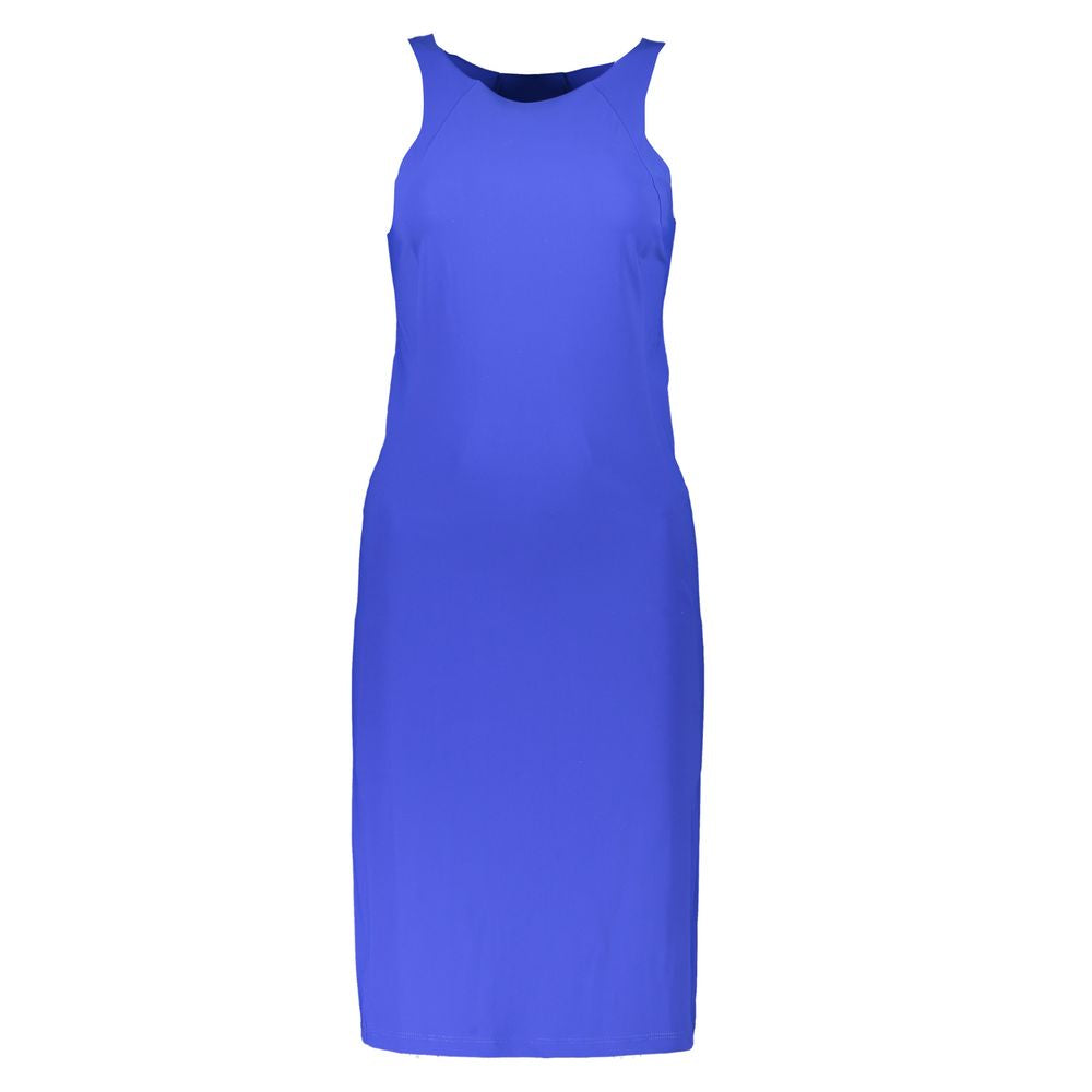 Patrizia Pepe Elegant Blue Crew Neck Dress with Logo Detail LUNESCAPE