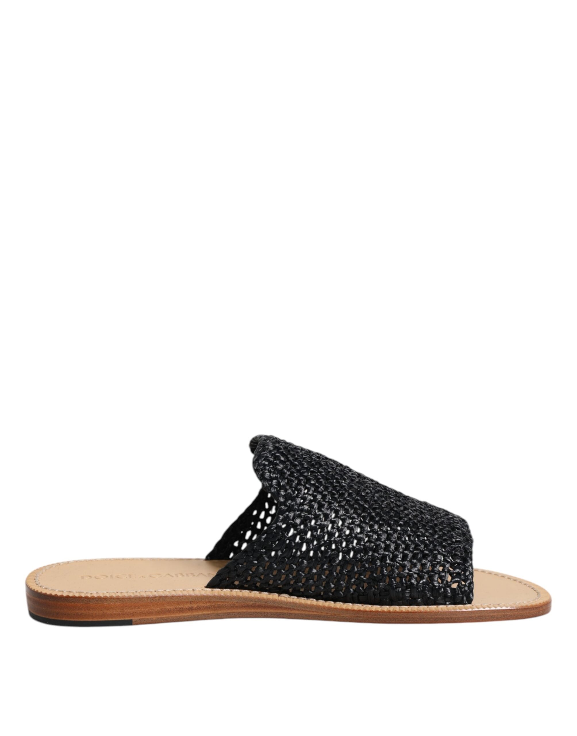 Dolce & Gabbana Black Monochrome Braided Raffia Slides Shoes LUNESCAPE