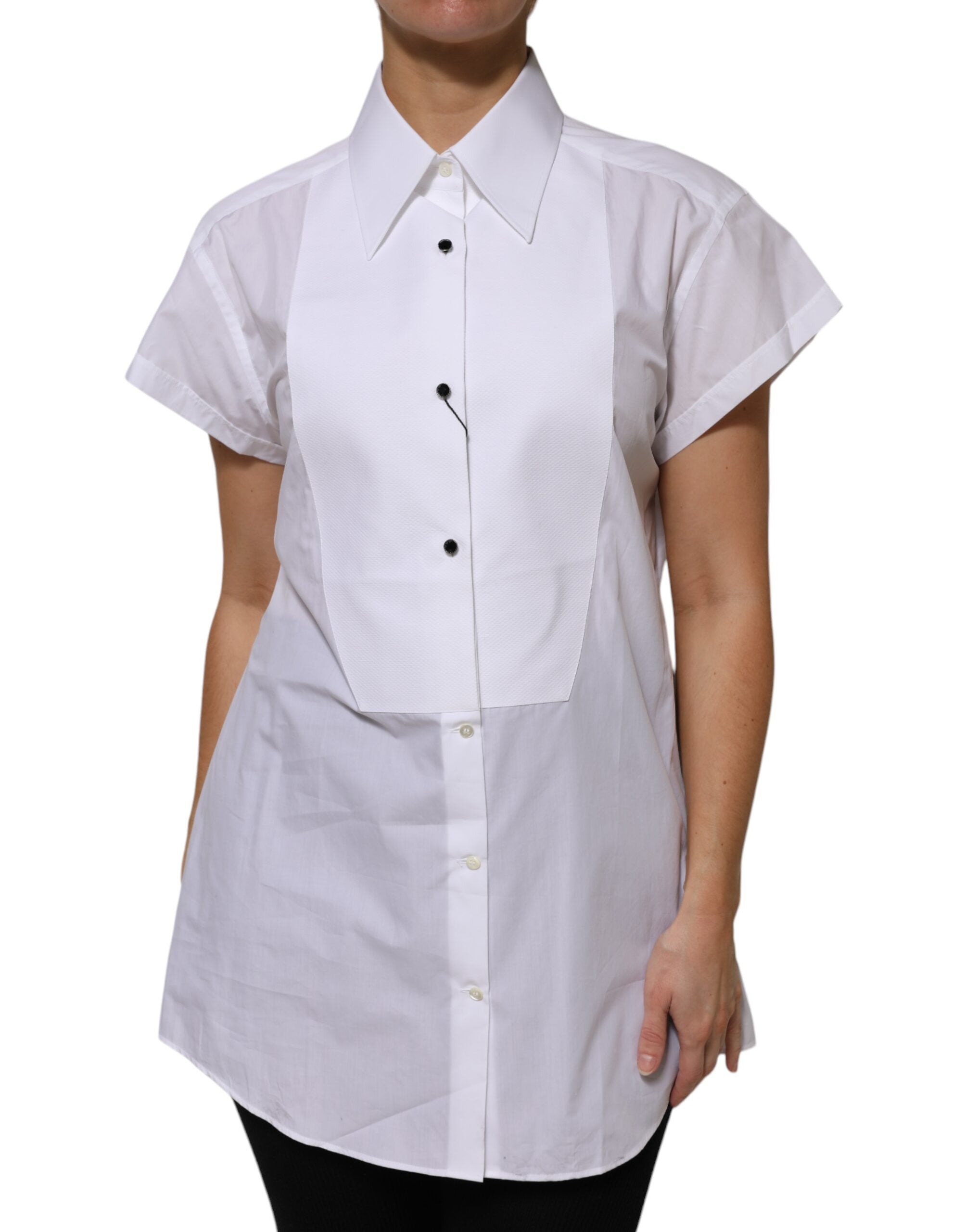 Dolce & Gabbana White Cotton Collared Short Sleeves Top
