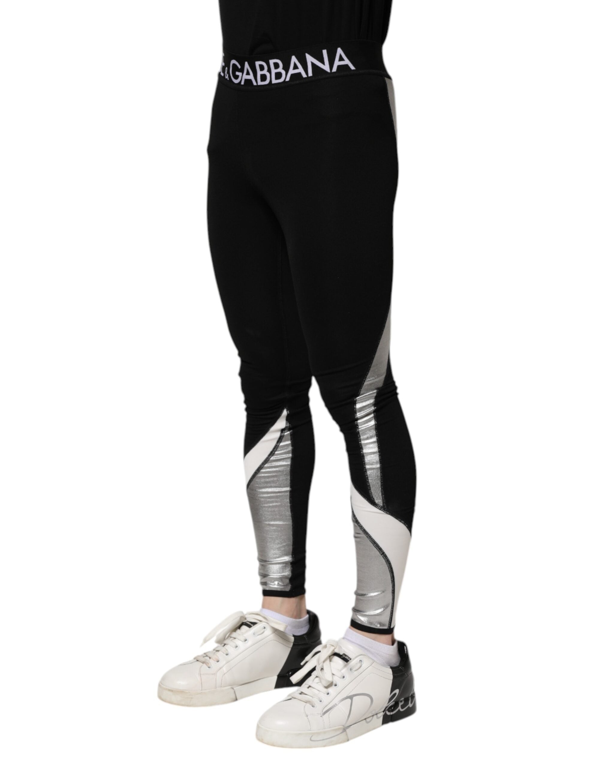 Dolce & Gabbana Black Silver Nylon Skinny Men Leggings
