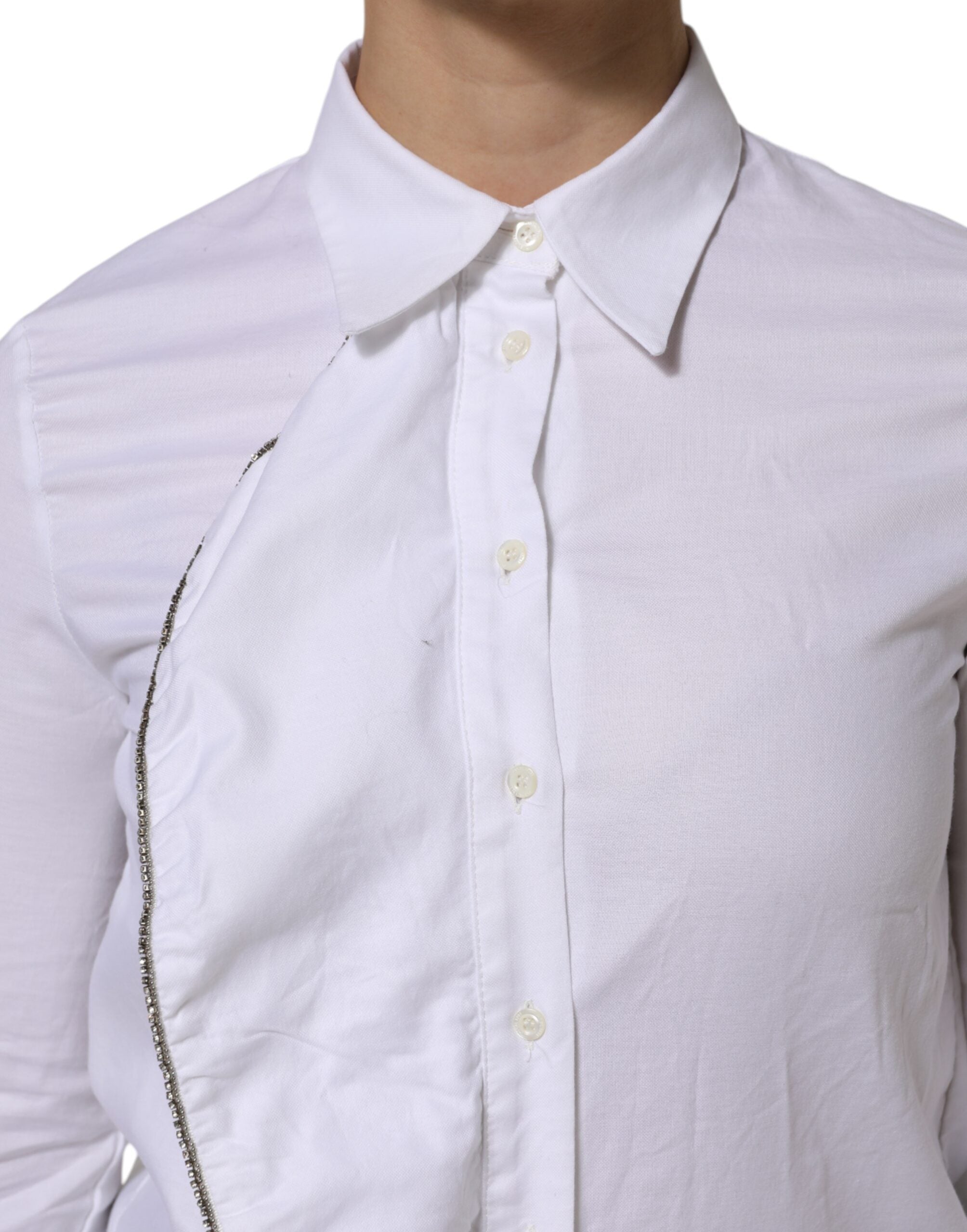 AGLINI White Cotton Collared Long Sleeves Ruffle Top Shirt