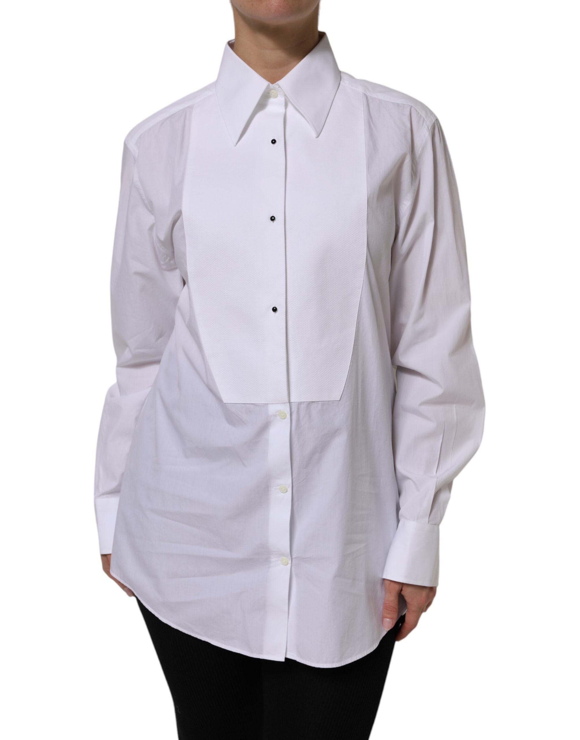 Dolce & Gabbana White Cotton Long Sleeves Collared Top Shirt