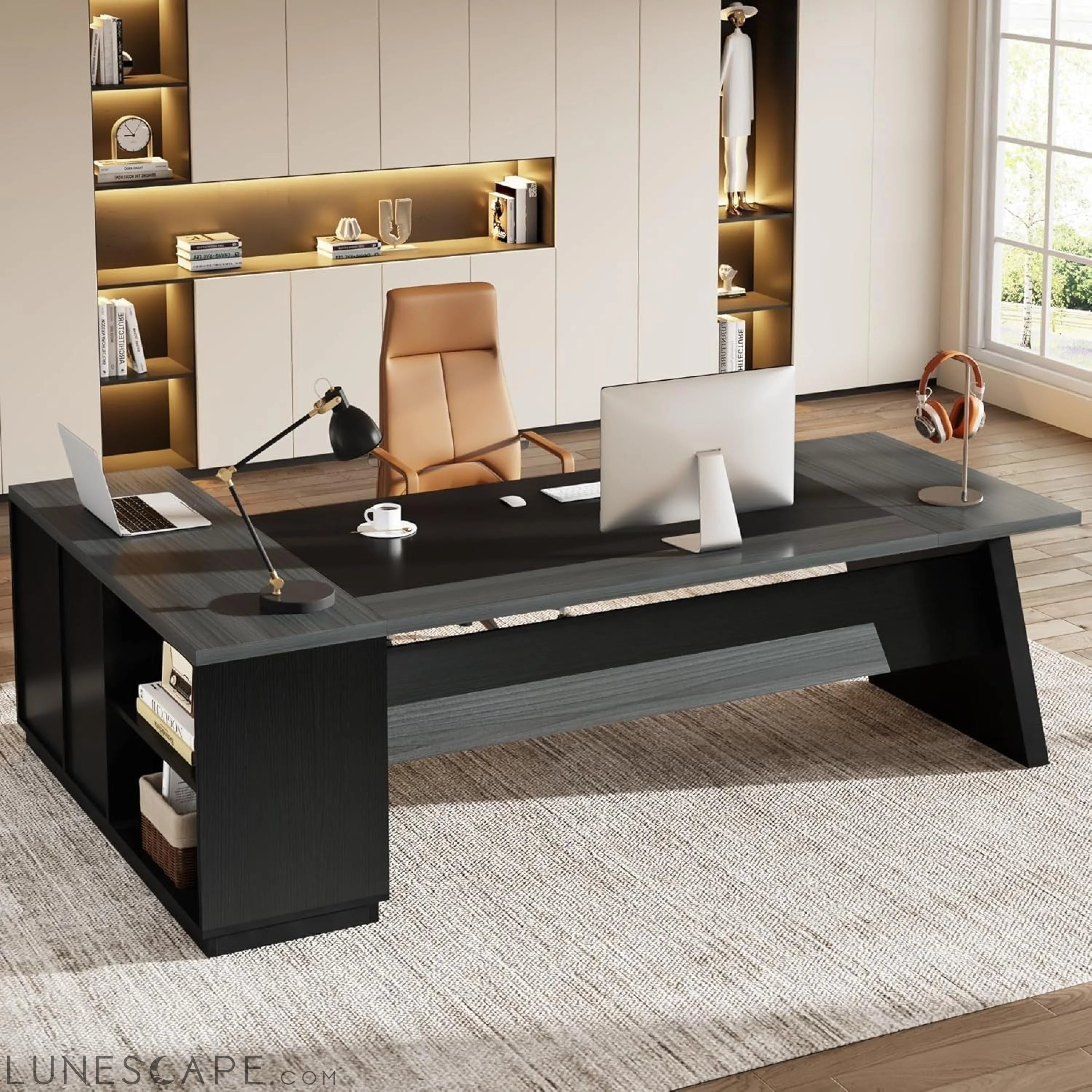 78" L-Shaped Executive Desk, Large Modern Office Desk with Drawers and LUNESCAPE