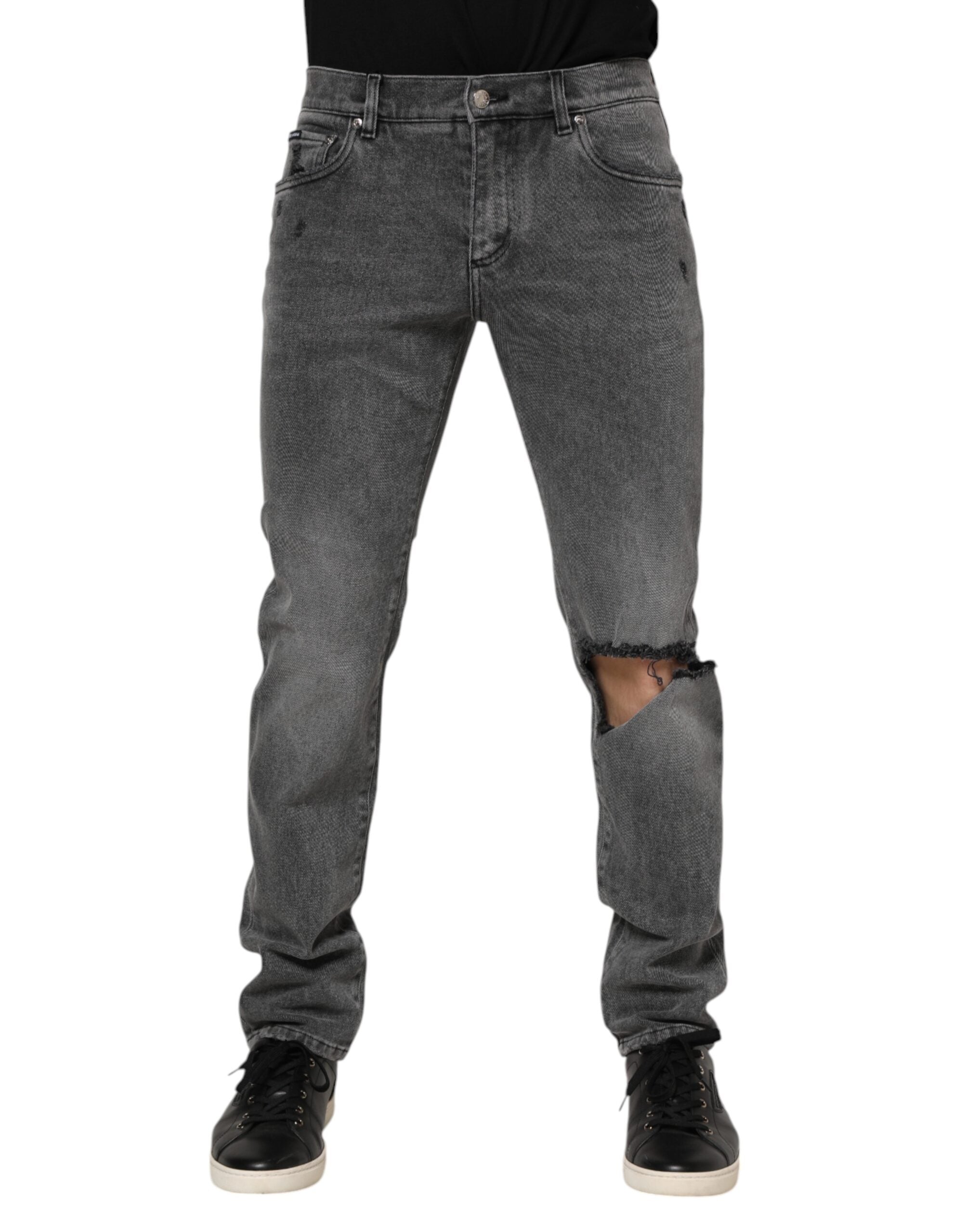 Dolce & Gabbana Gray Cotton Logo Plaque Denim Jeans