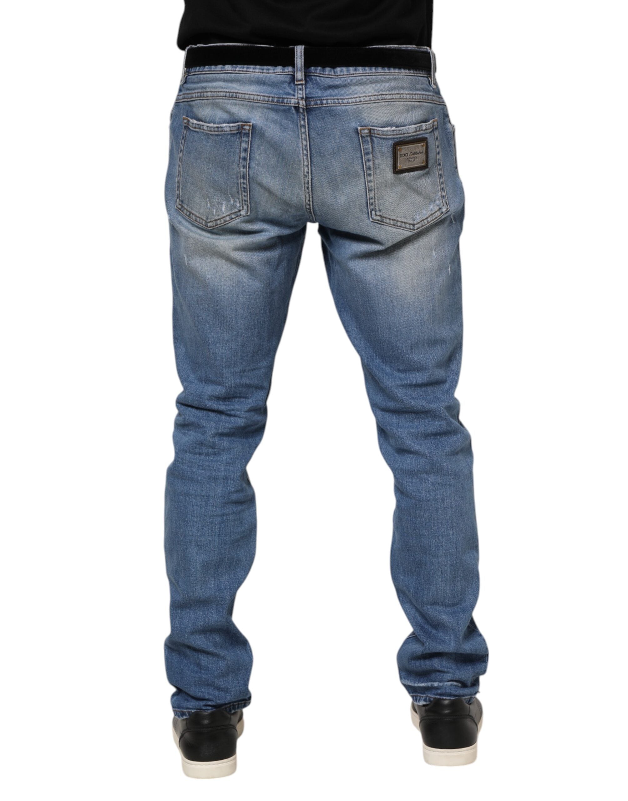 Dolce & Gabbana Blue Washed Tattered Logo Plaque Denim Jeans