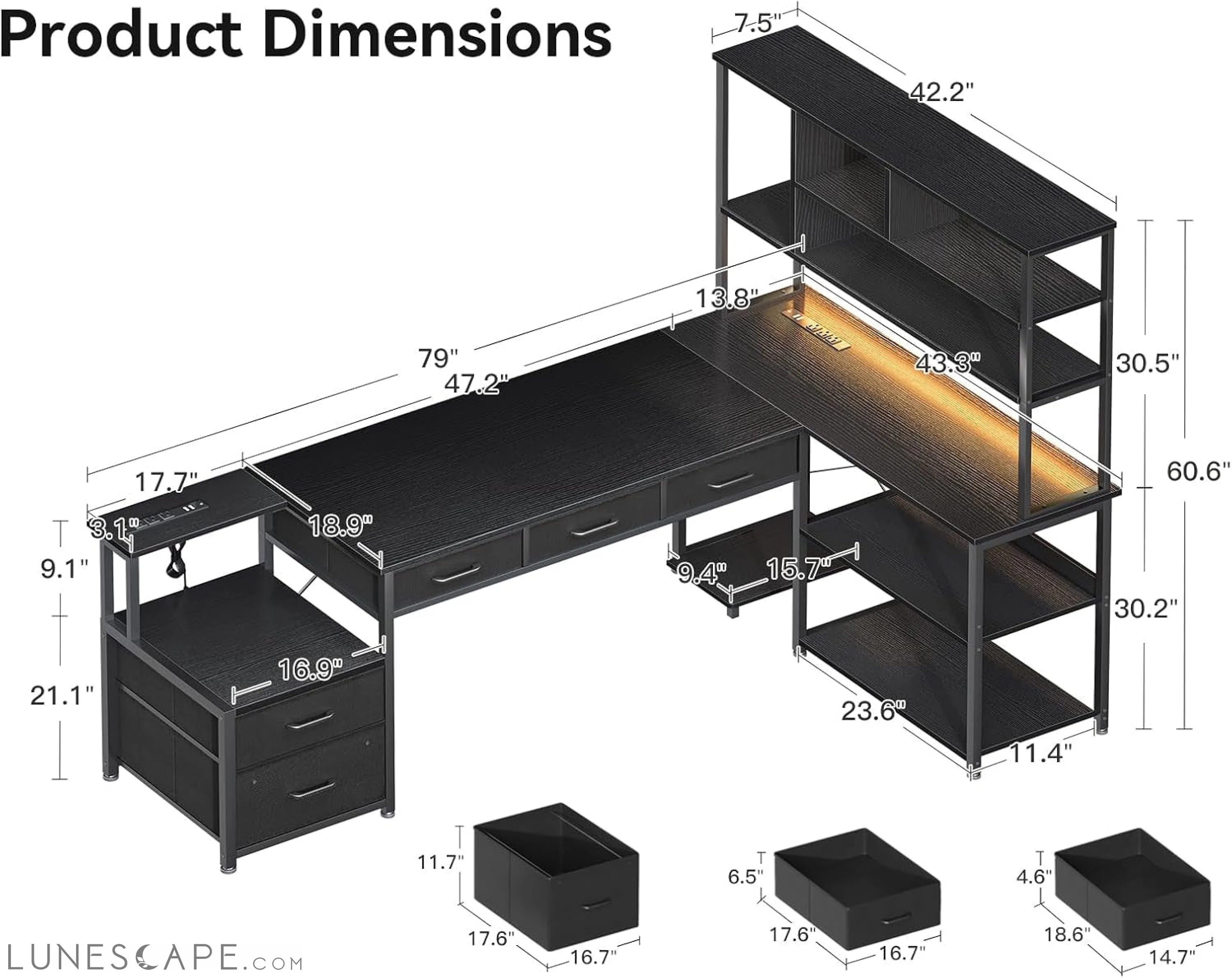 79 Inch L Shaped Desk with File Drawers, Reversible L Shaped Gaming LUNESCAPE