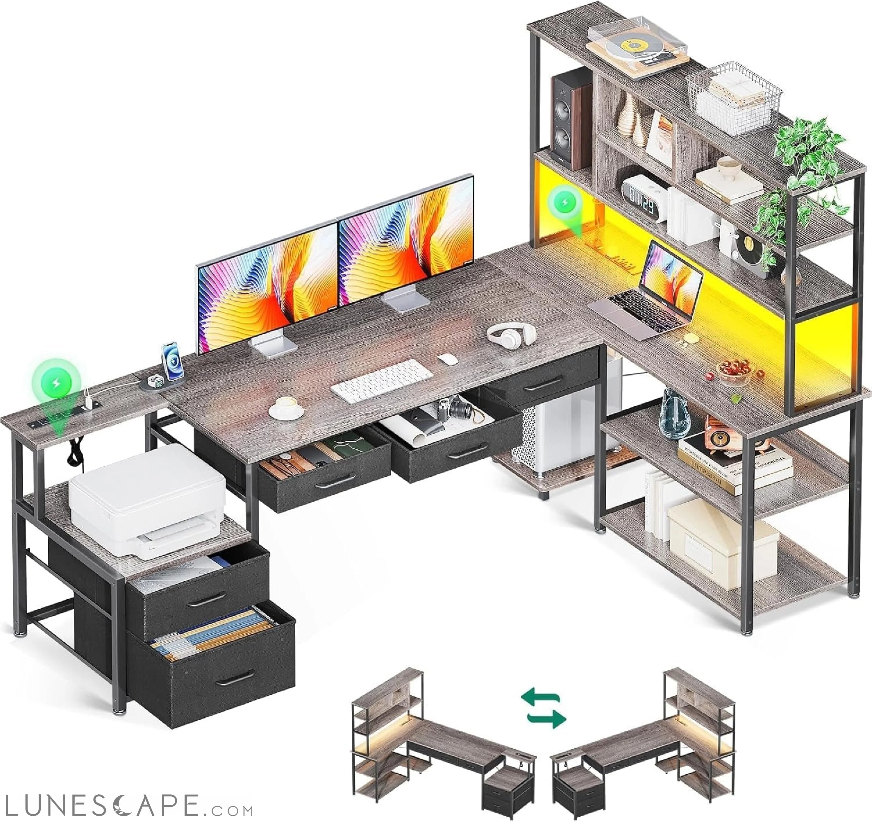 79 Inch L Shaped Desk with File Drawers, Reversible L Shaped Gaming LUNESCAPE