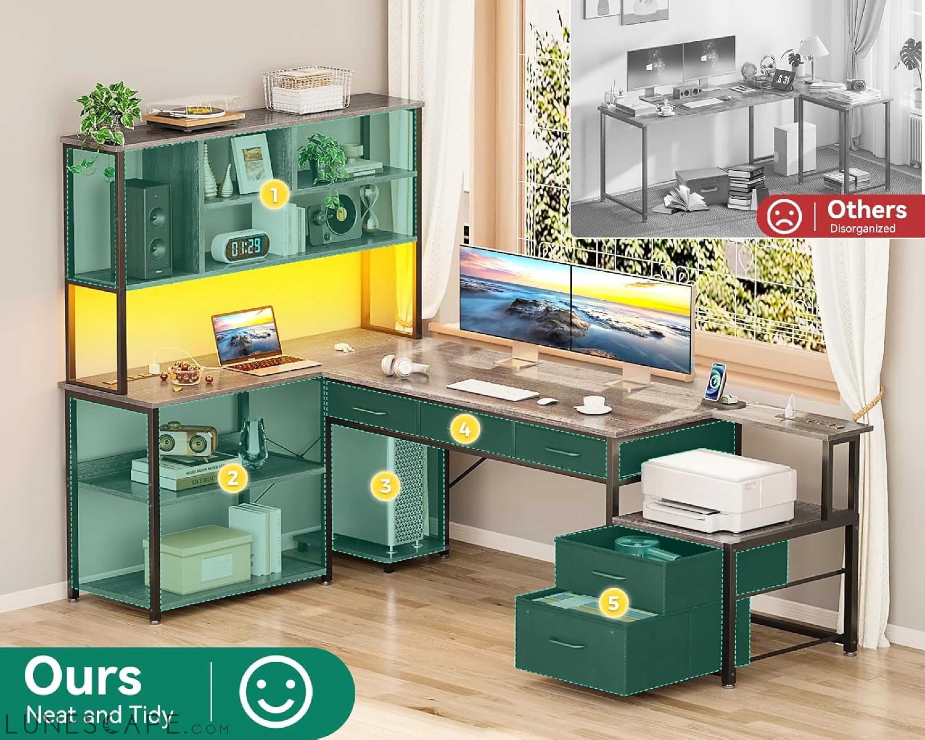 79 Inch L Shaped Desk with File Drawers, Reversible L Shaped Gaming LUNESCAPE