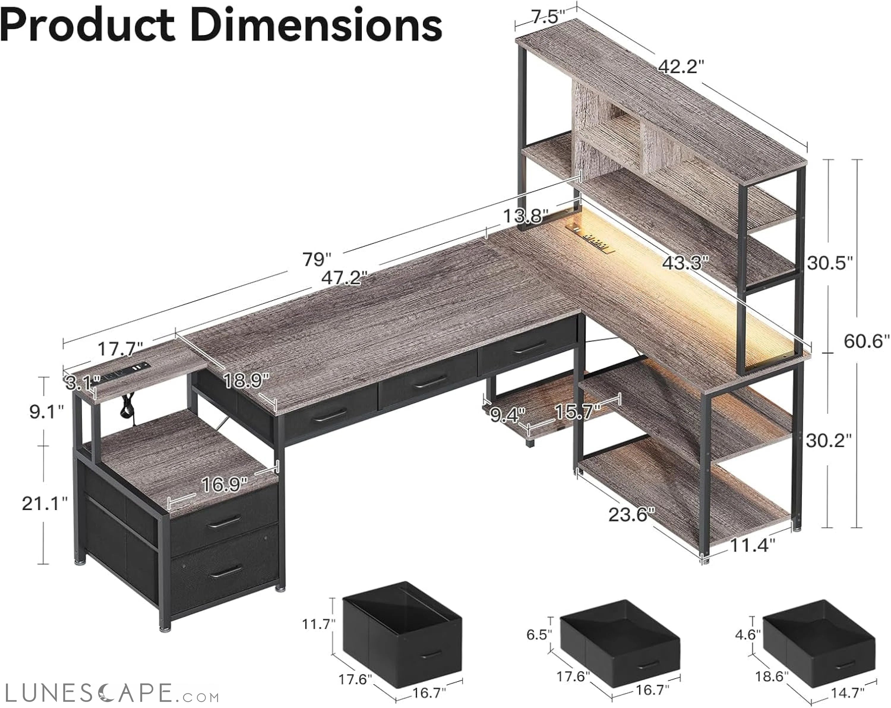 79 Inch L Shaped Desk with File Drawers, Reversible L Shaped Gaming LUNESCAPE