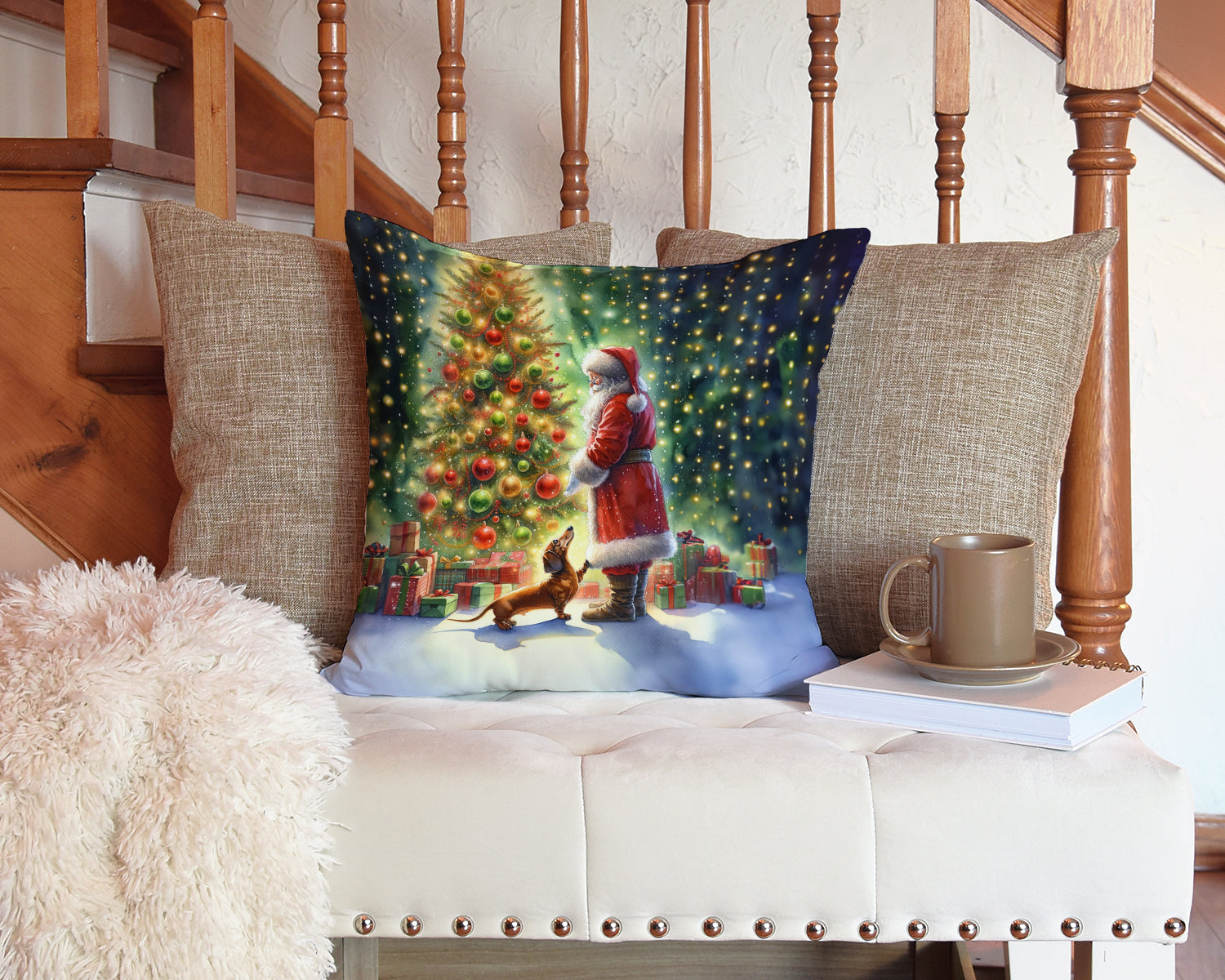 Dachshund and Santa Claus Throw Pillow LUNESCAPE