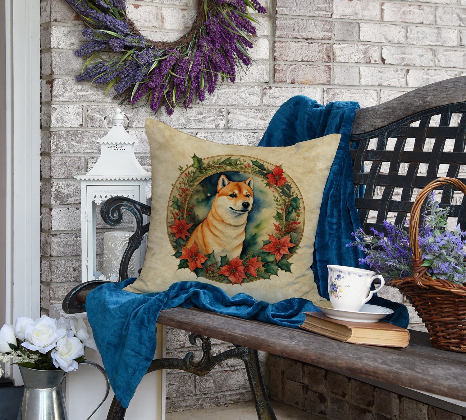 Shiba Inu Christmas Flowers Throw Pillow LUNESCAPE