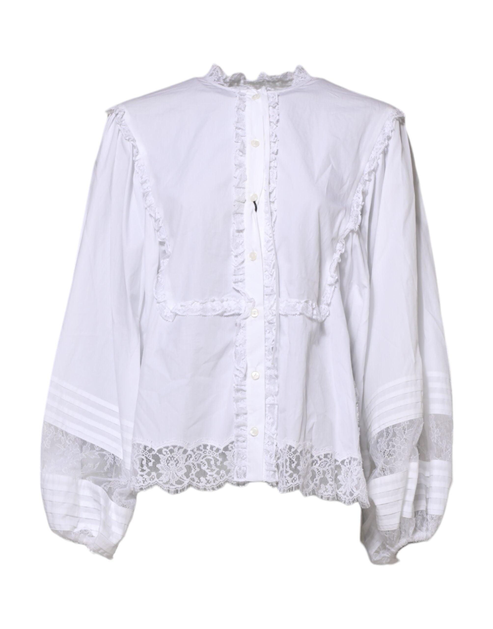 Dolce & Gabbana White Ruffled Lace Embellished Blouse Top LUNESCAPE