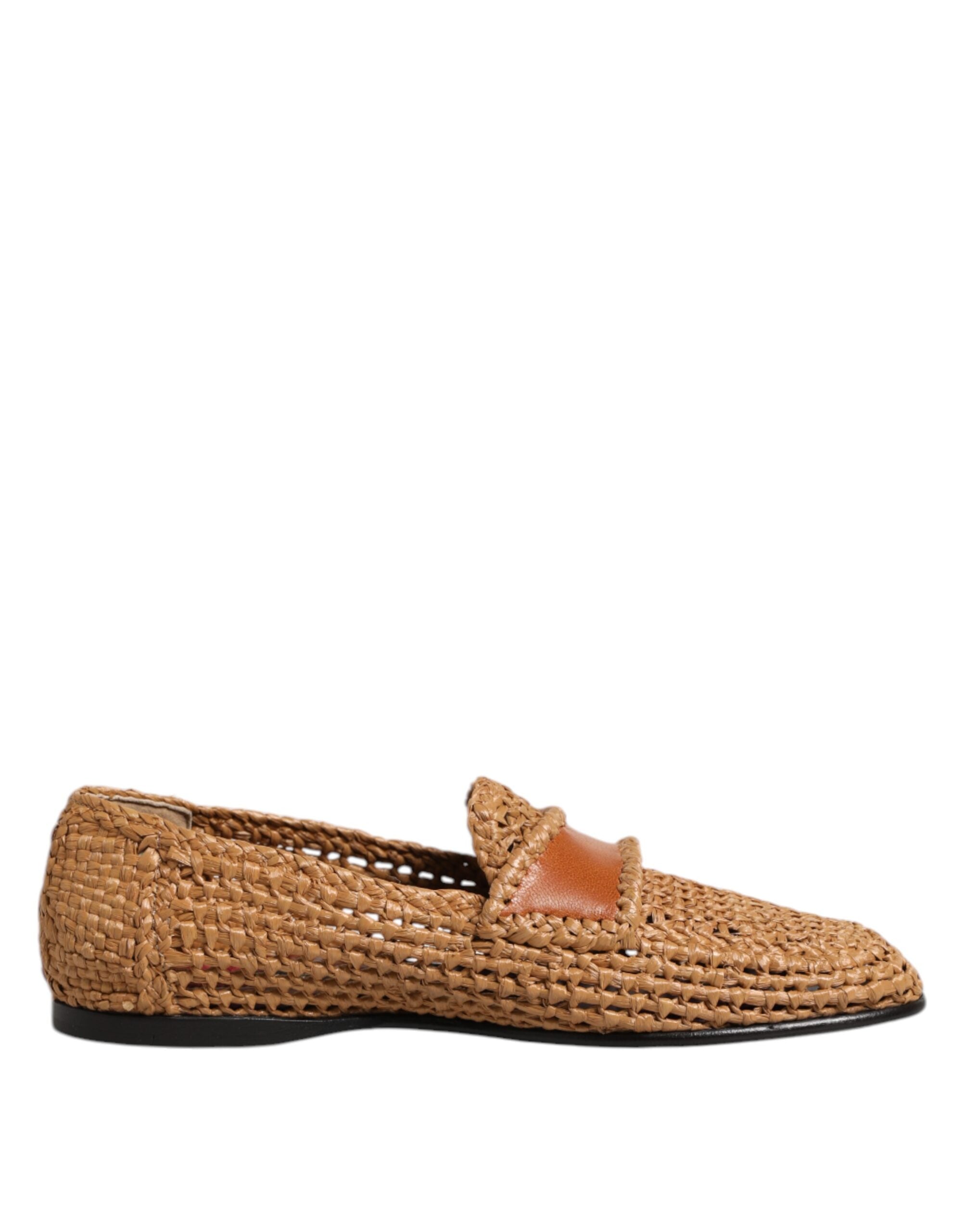Dolce & Gabbana Brown Woven Raffia Slip On Loafers Shoes LUNESCAPE