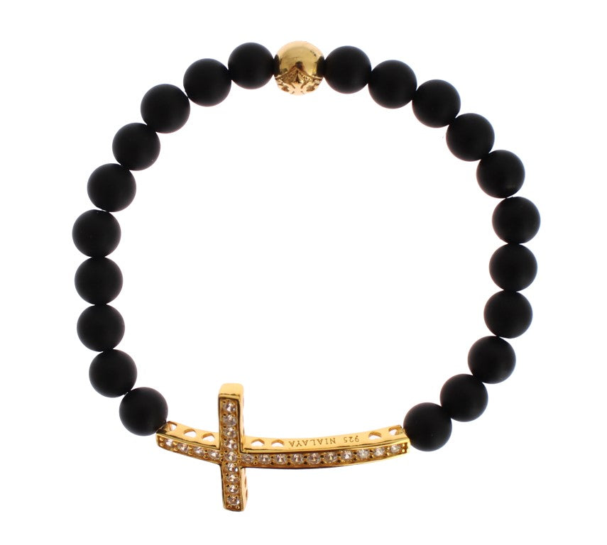 Nialaya Chic Matte Onyx Bead & CZ Diamond Cross Bracelet LUNESCAPE