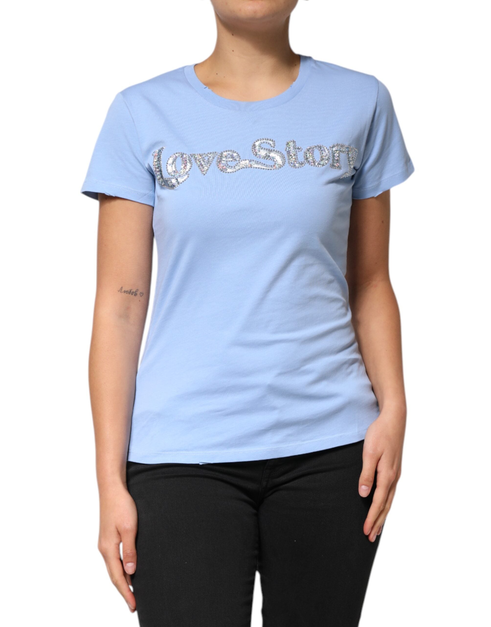 PINKO Blue Love Story Sequined Embellished Short Sleeves T-shirt
