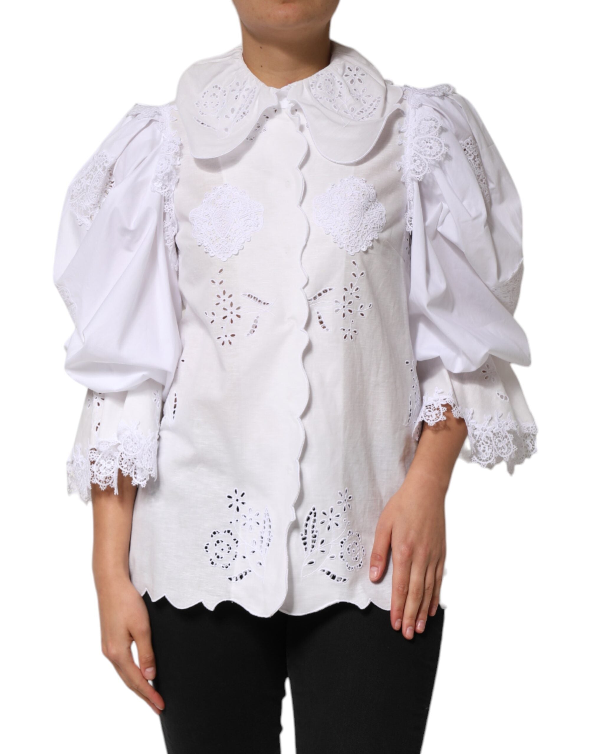 Dolce & Gabbana White Ruffled Lace Embellished Blouse Top LUNESCAPE