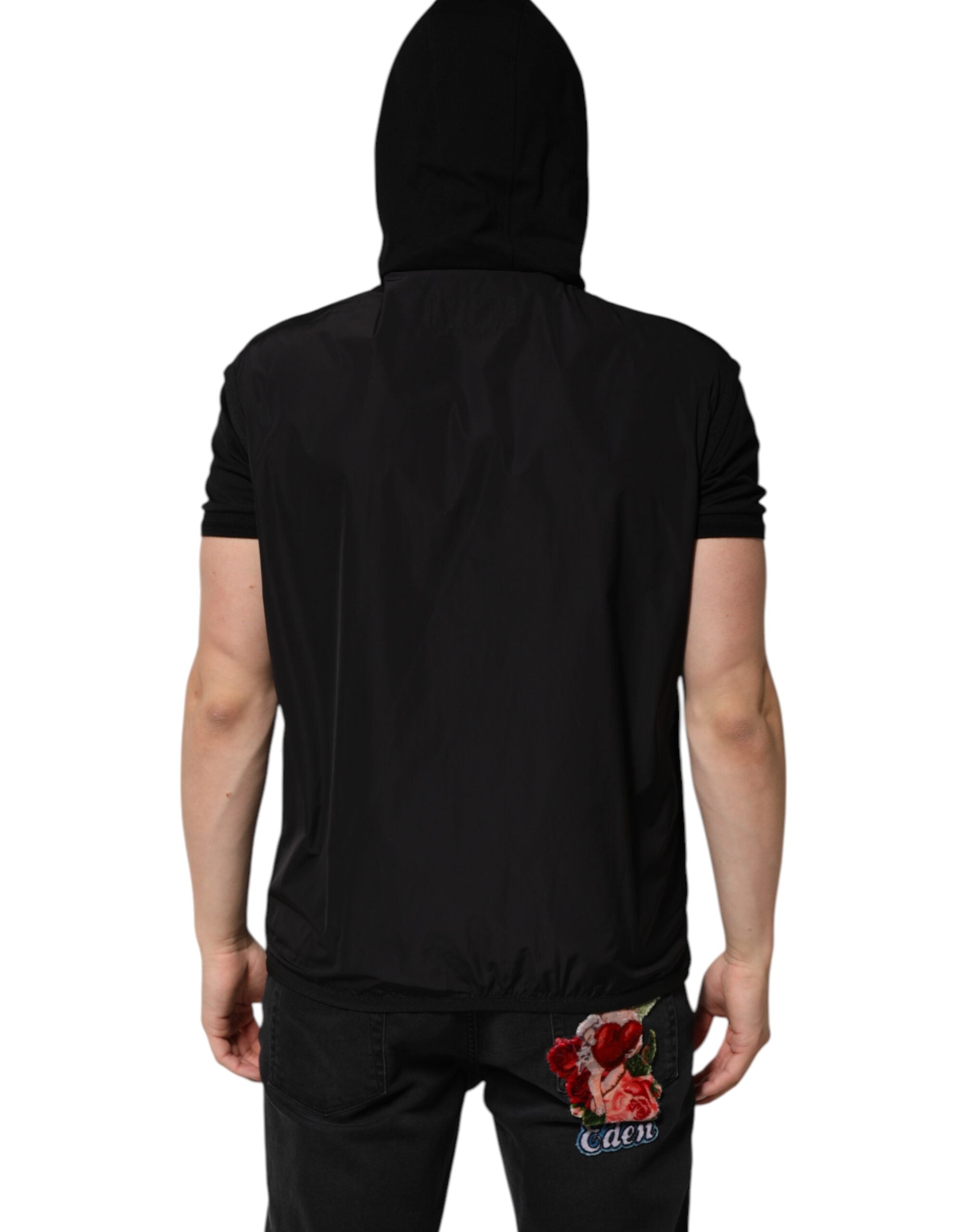 Dolce & Gabbana Black Sleeveless Hooded Logo Plaque Jacket LUNESCAPE
