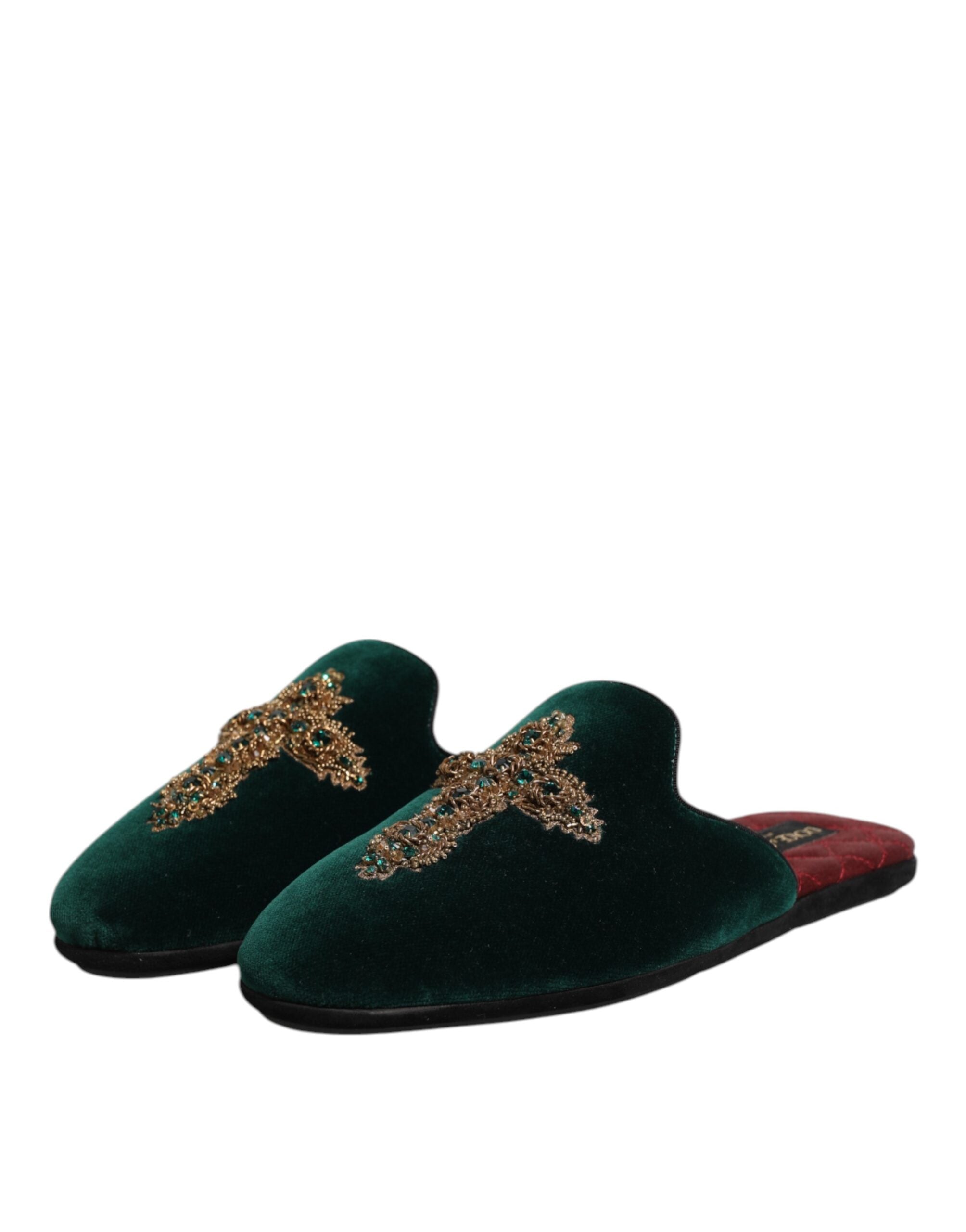 Dolce & Gabbana Green Velvet Cross Embellished Slipper