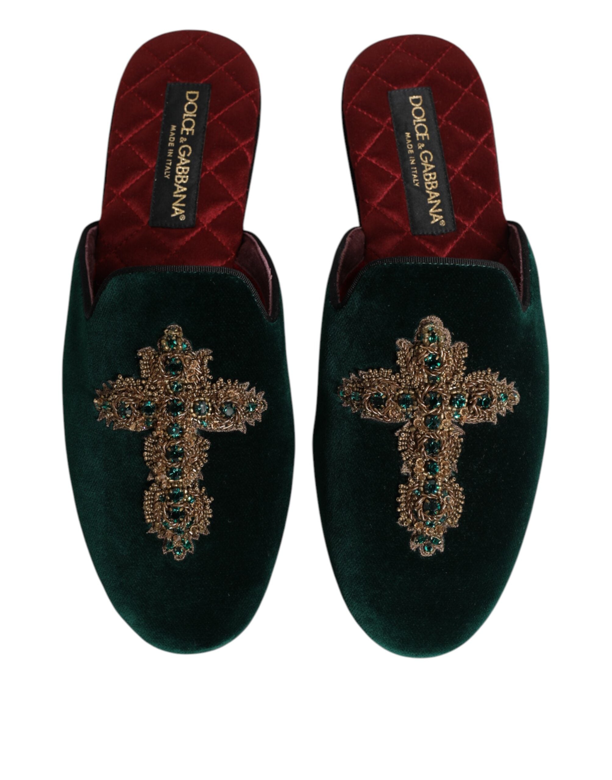 Dolce & Gabbana Green Velvet Cross Embellished Slipper