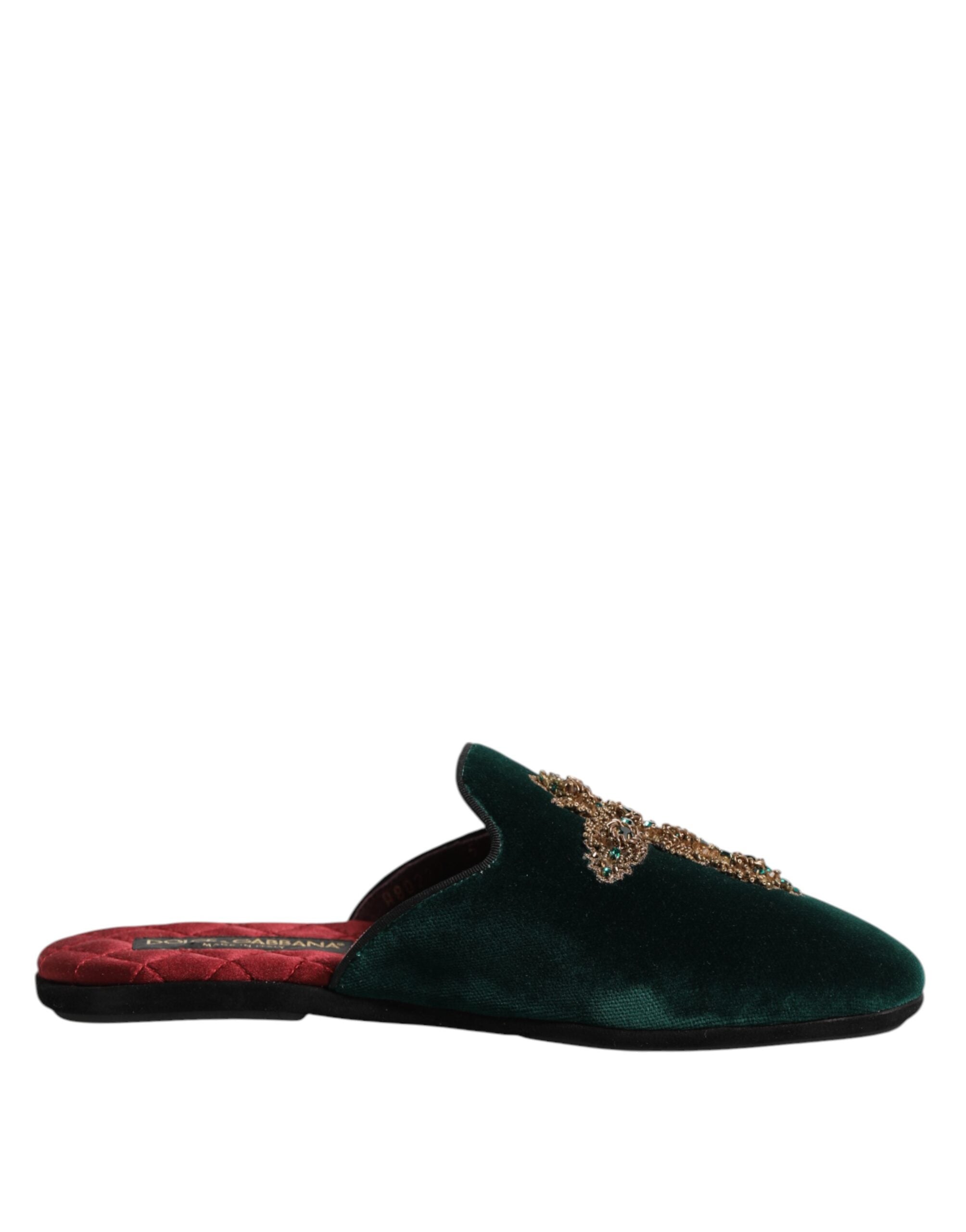 Dolce & Gabbana Green Velvet Cross Embellished Slipper