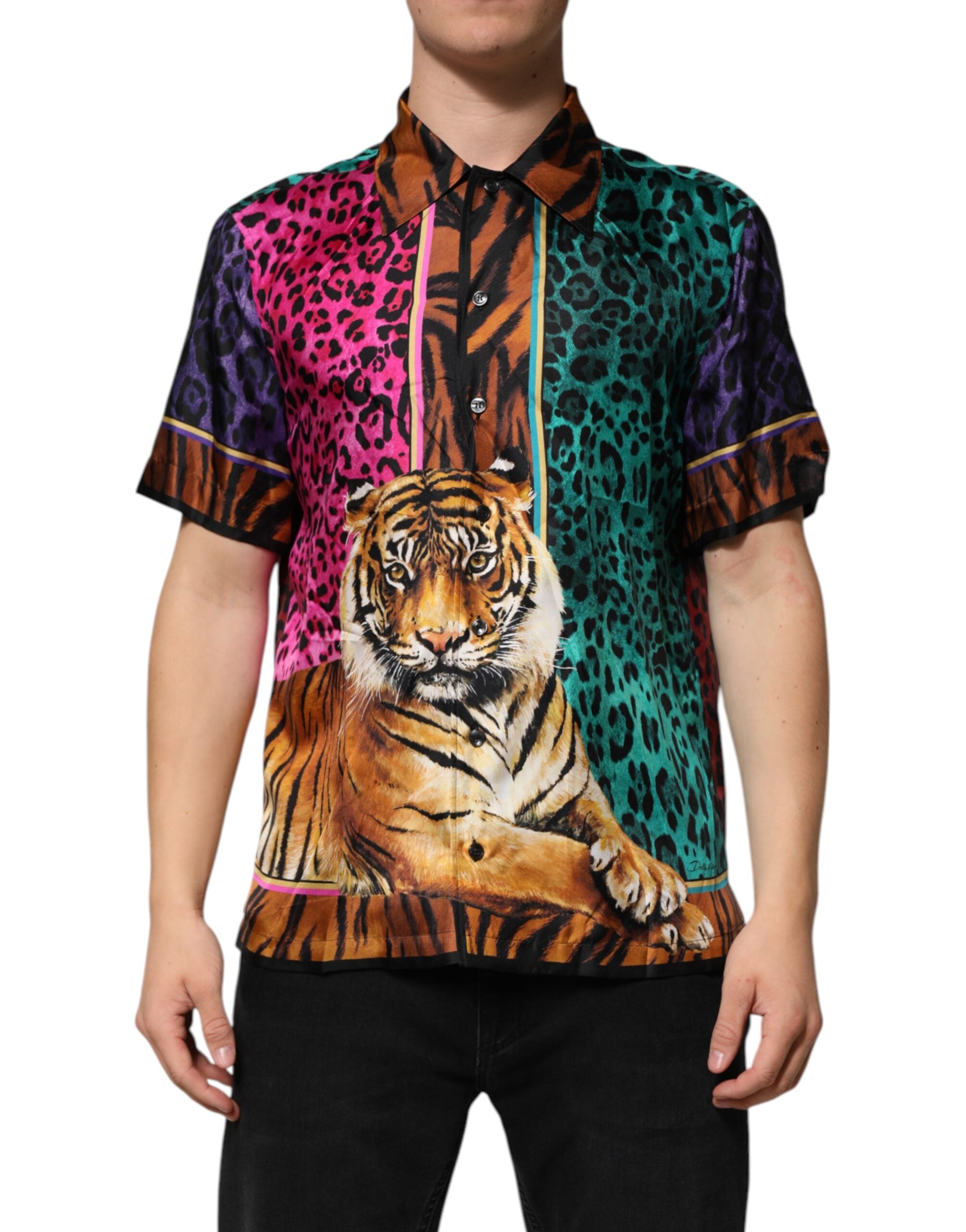 Dolce & Gabbana Multicolor Silk Tiger Print Hawaiian T-shirt
