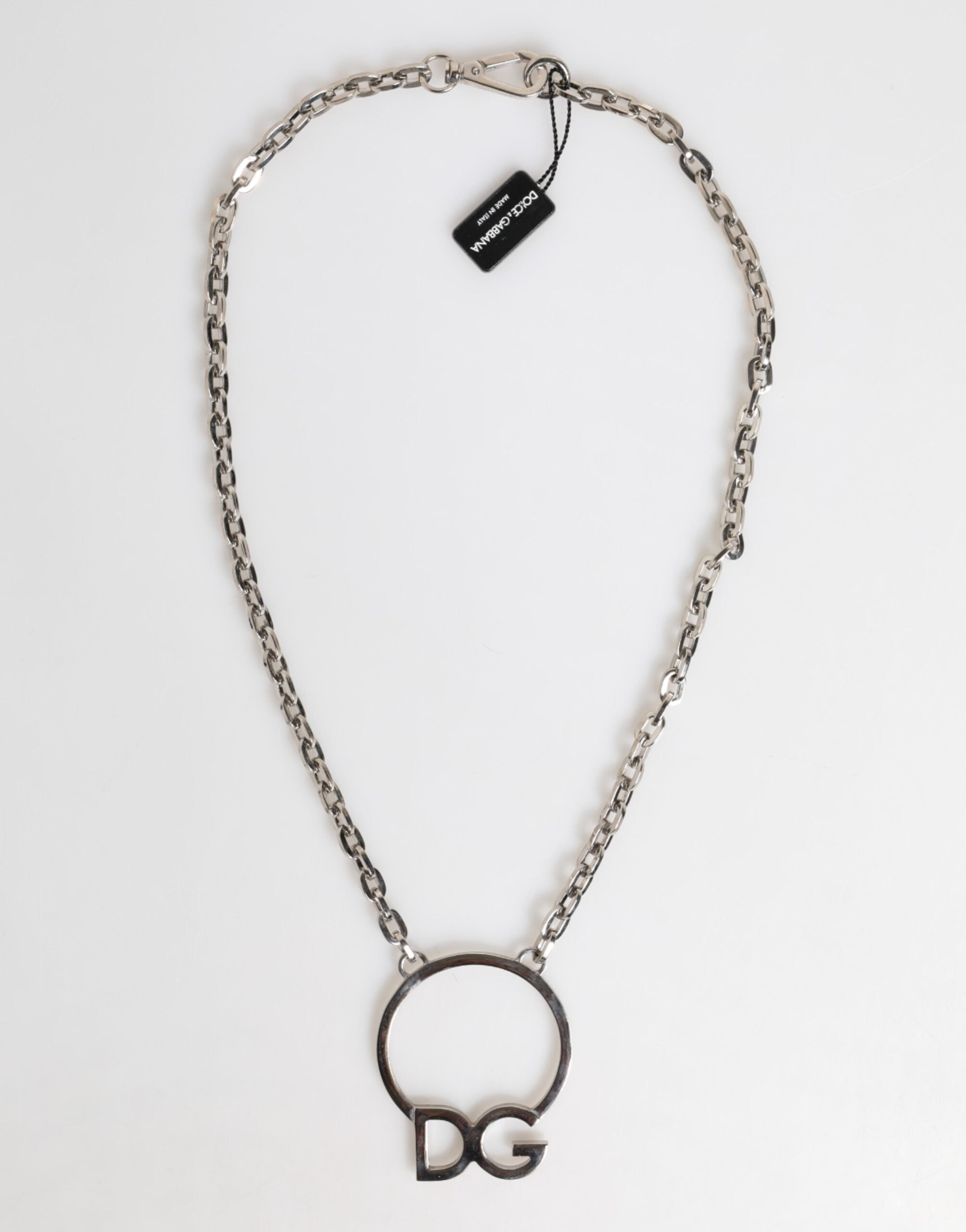 Dolce & Gabbana Silver Tone Brass Chain DG Logo Pendant Men Necklace LUNESCAPE