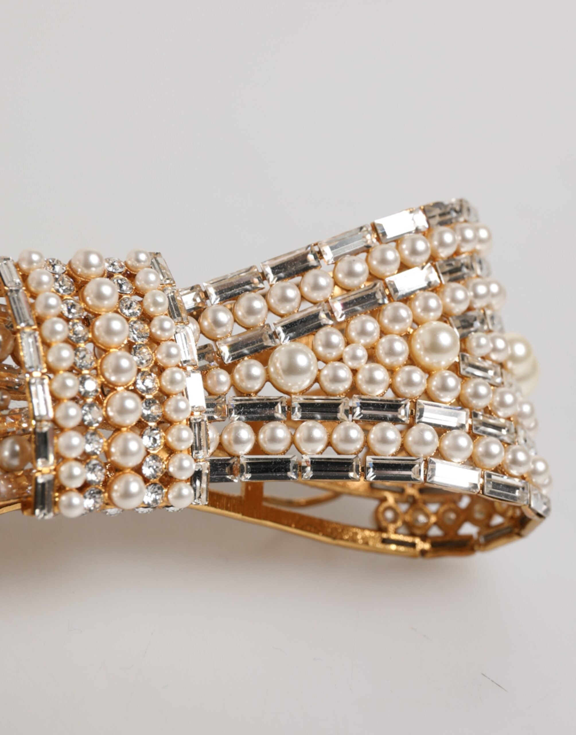 Dolce & Gabbana Gold Tone Brass Bow Crystal Faux Pearl Embellished Brooch