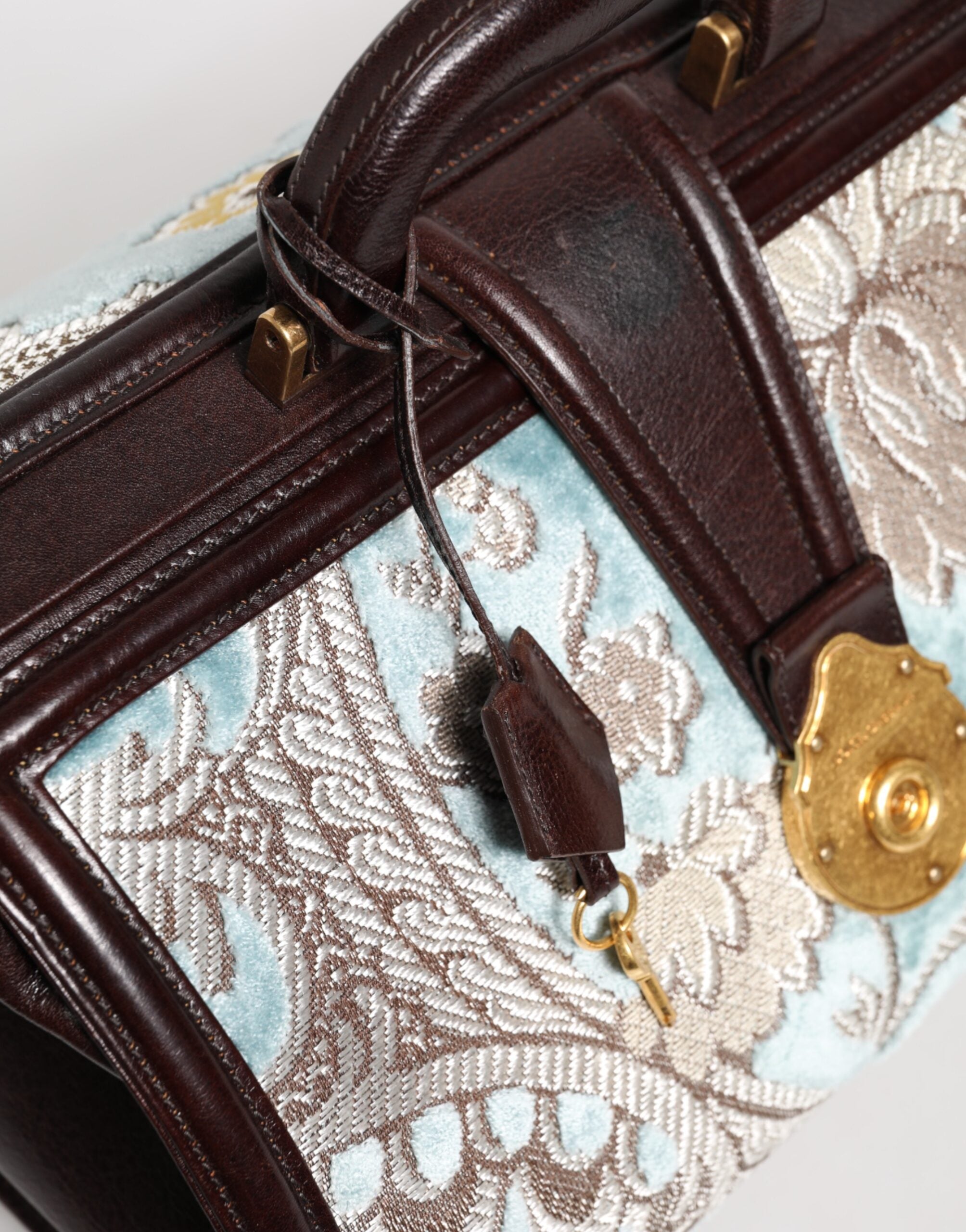 Dolce & Gabbana Blue Brown Leather Floral Jacquard Travel Handbag Bag
