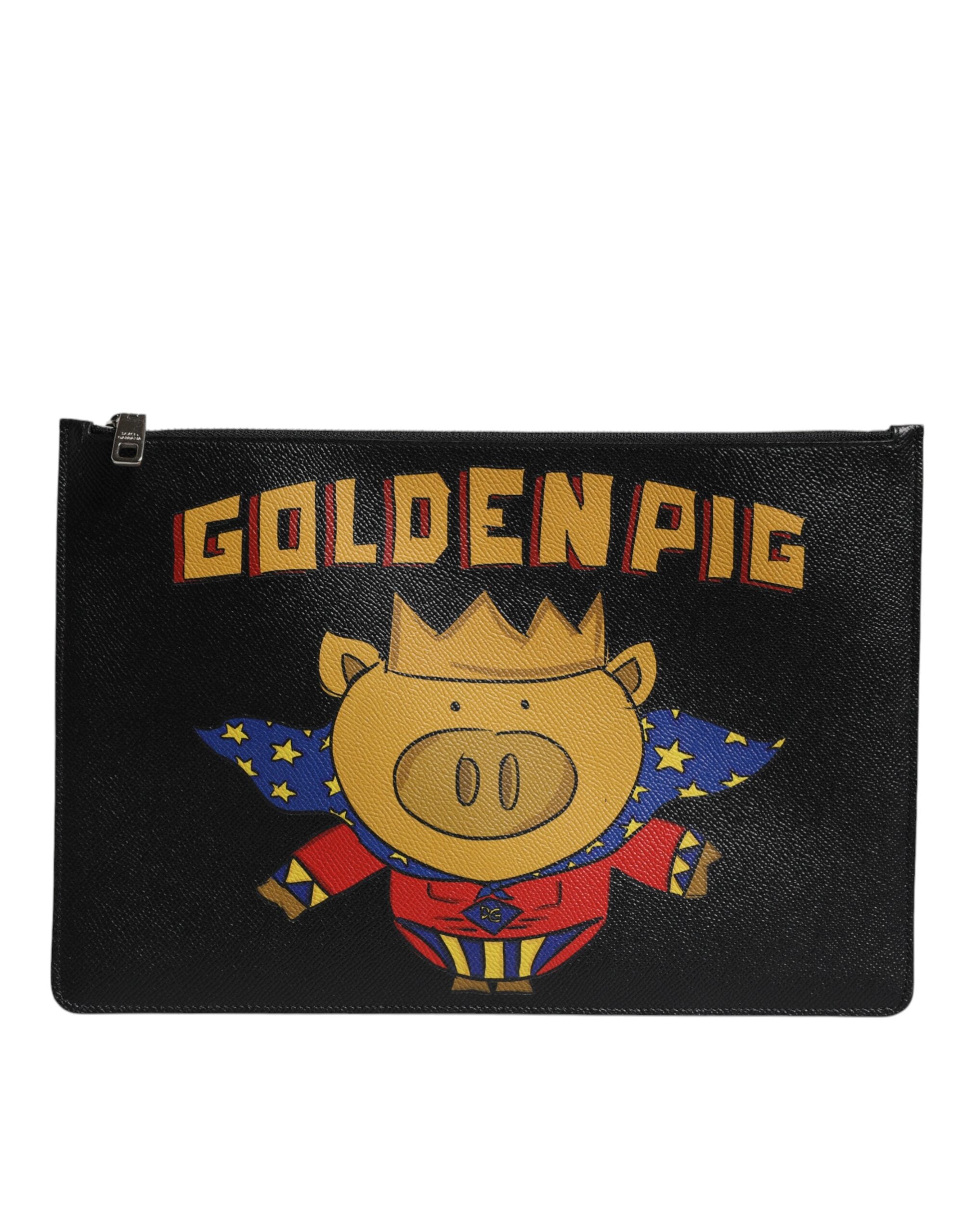 Dolce & Gabbana Black Leather Golden Pig Print Men Clutch Pouch Borse Bag LUNESCAPE