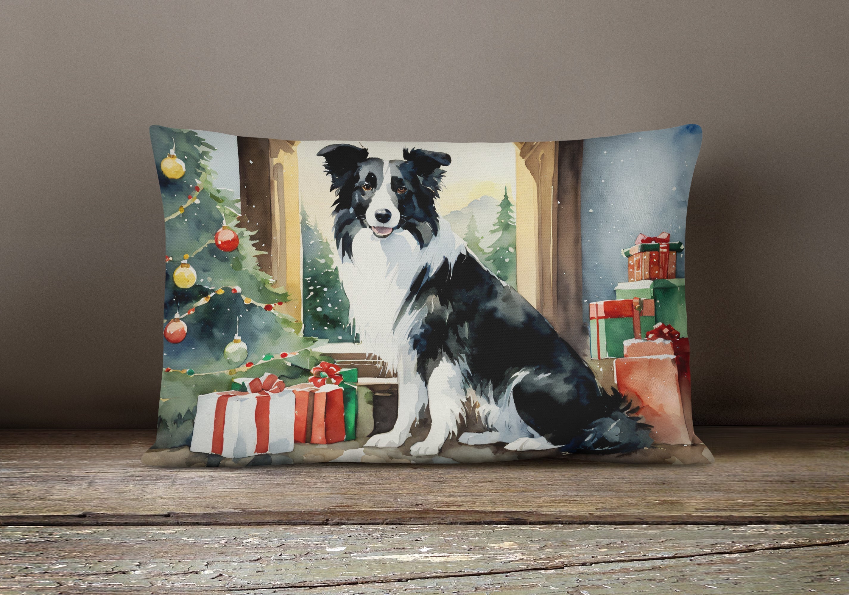 Border Collie Cozy Christmas Throw Pillow LUNESCAPE