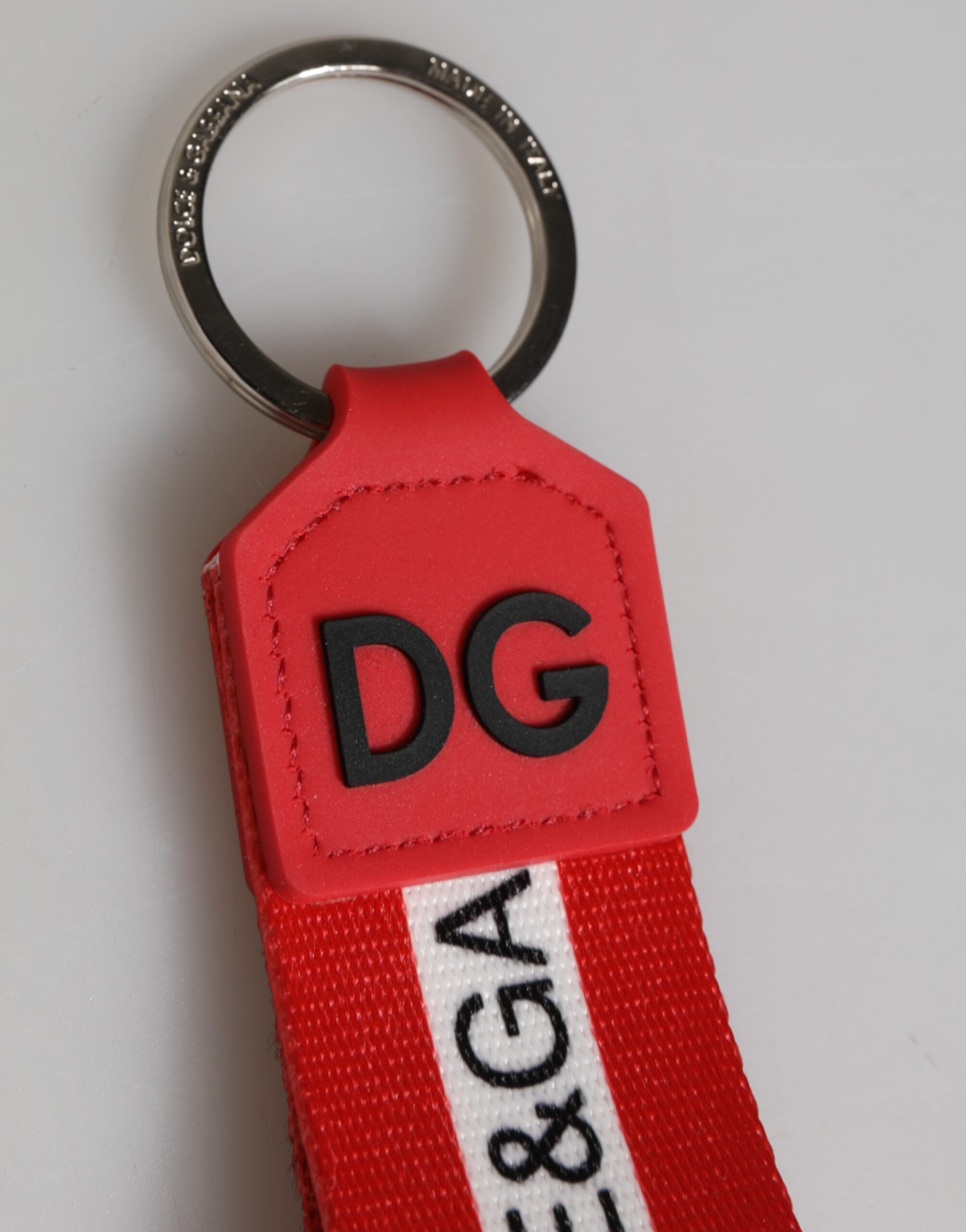Dolce & Gabbana Red Logo Polyester Silver Brass Holder Keychain Keyring