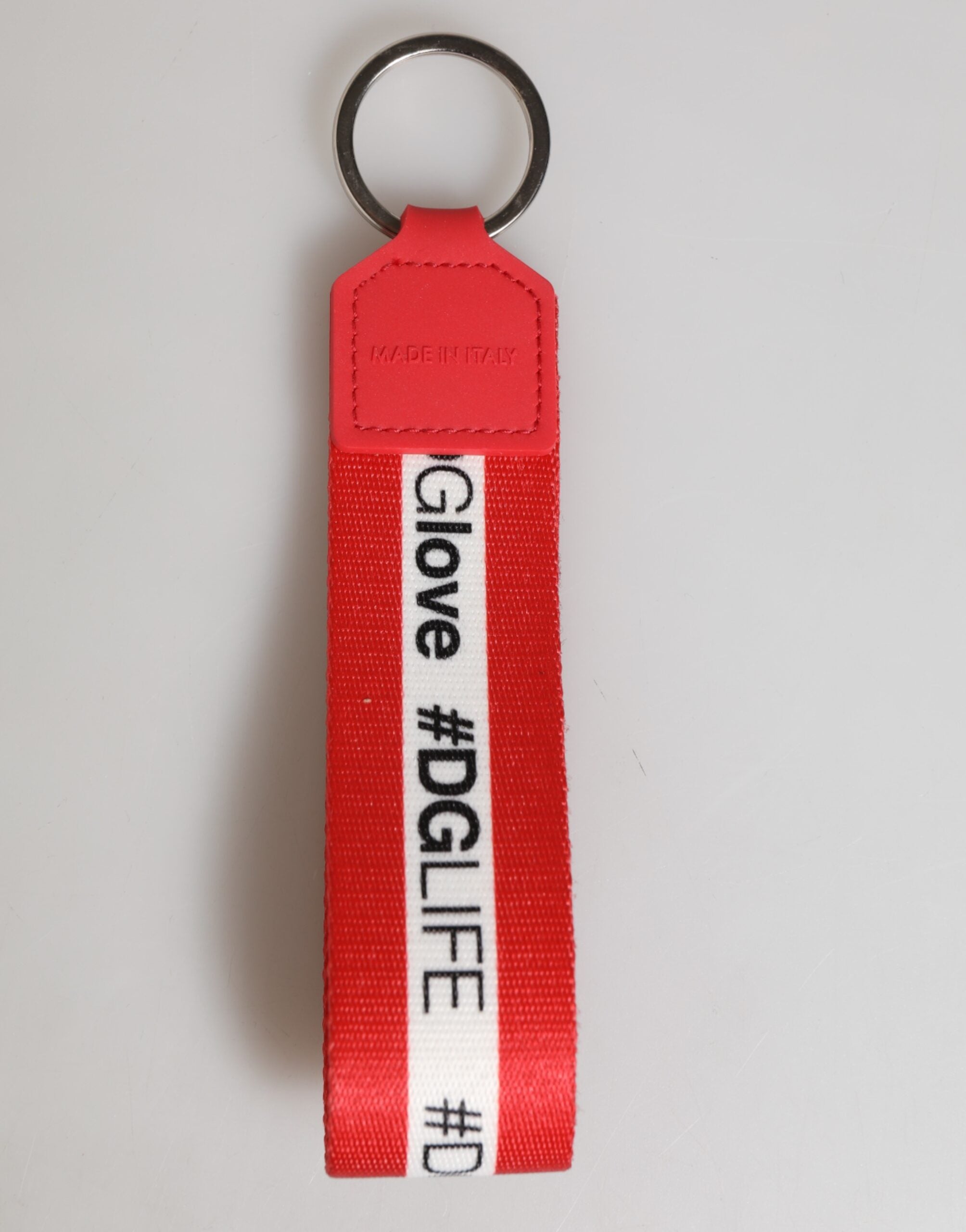 Dolce & Gabbana Red Logo Polyester Silver Brass Holder Keychain Keyring