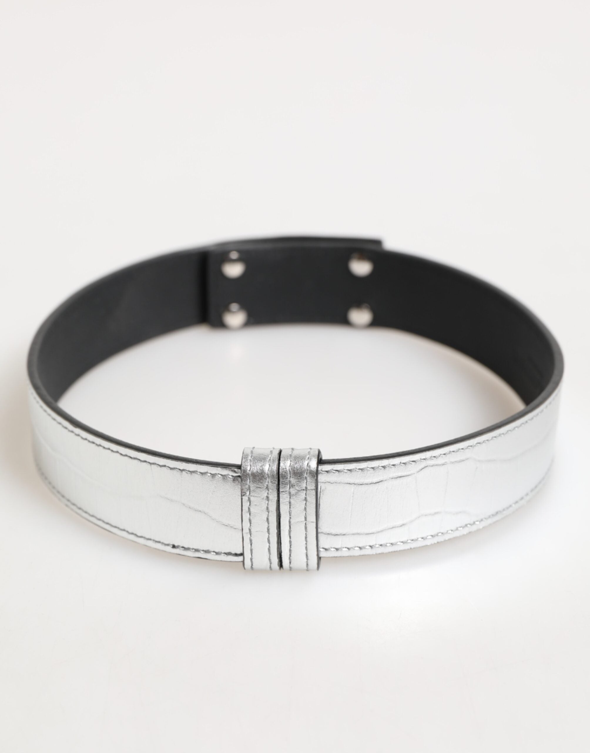 Dolce & Gabbana Silver Textured Leather Gold Tone Metal Neckband