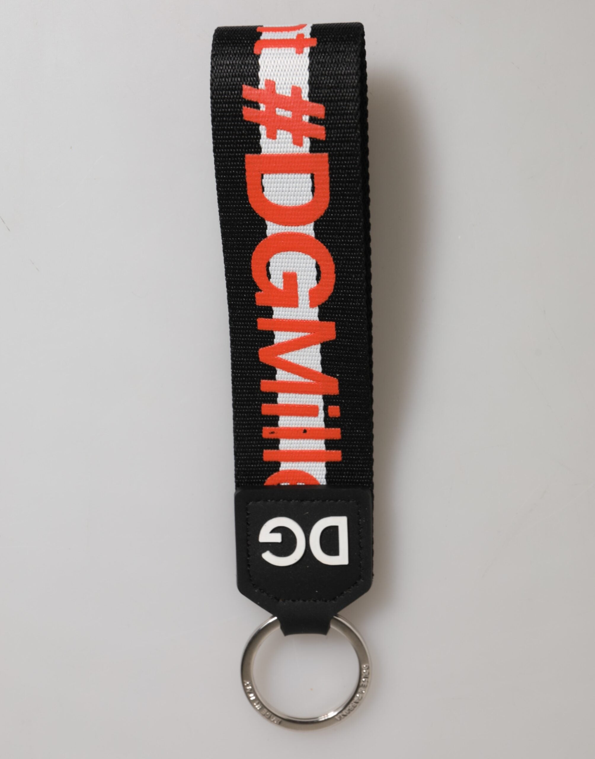Dolce & Gabbana Black Red Logo Polyester Brass Holder Keychain Keyring