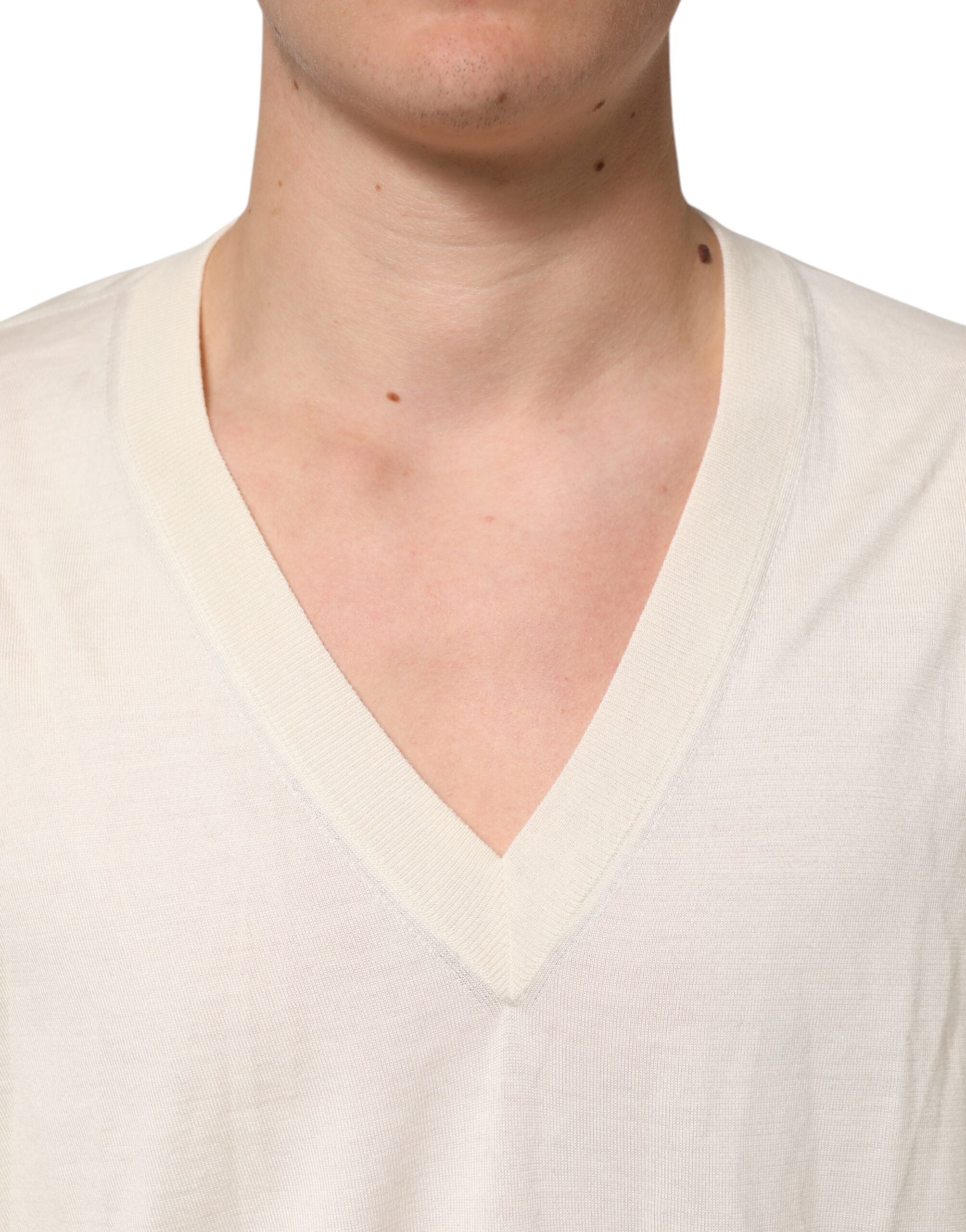 Dolce & Gabbana Ivory Virgin Wool Men V-Neck Knit Sweater