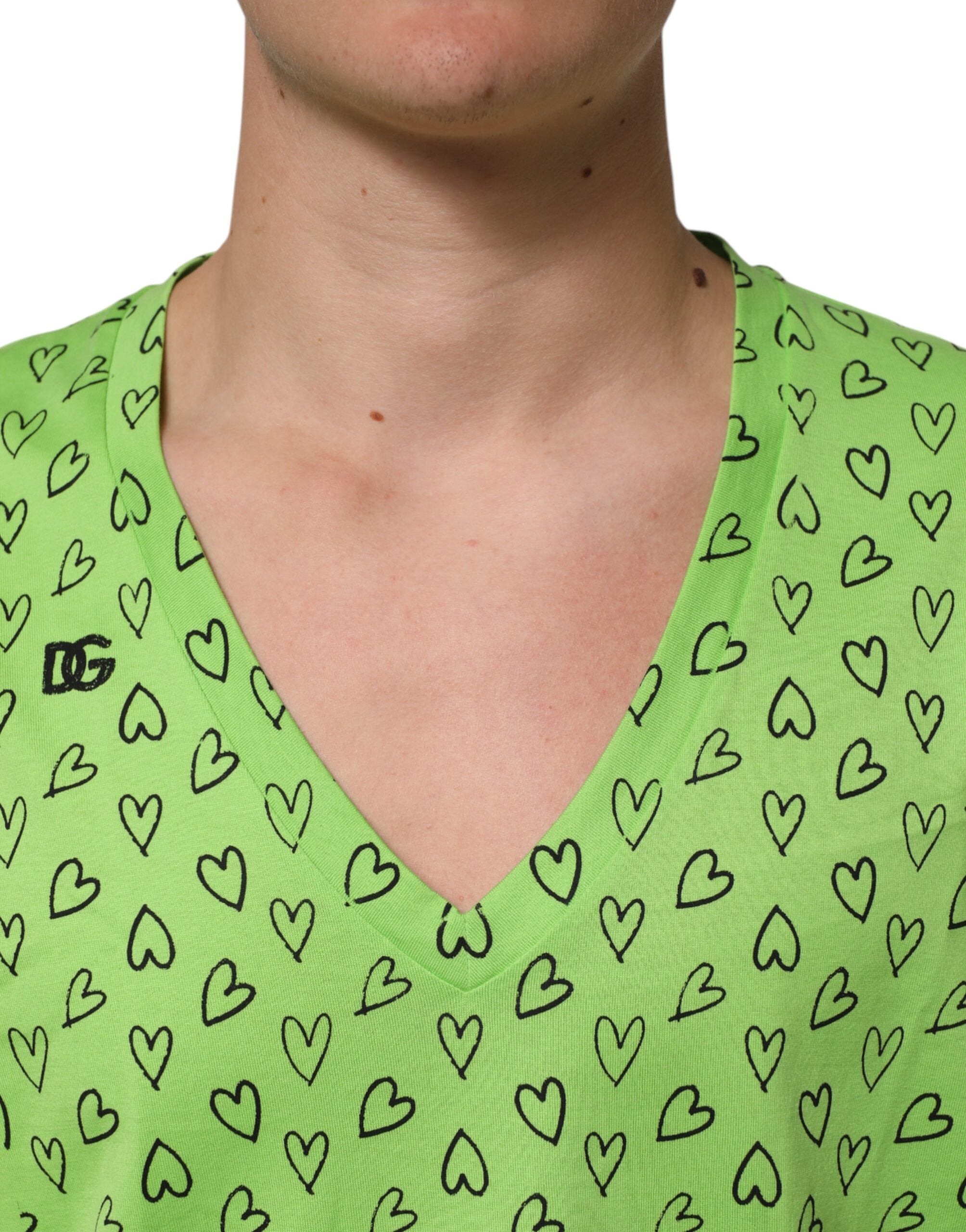 Dolce & Gabbana Green V-Neck DG Logo Heart Print T-shirt