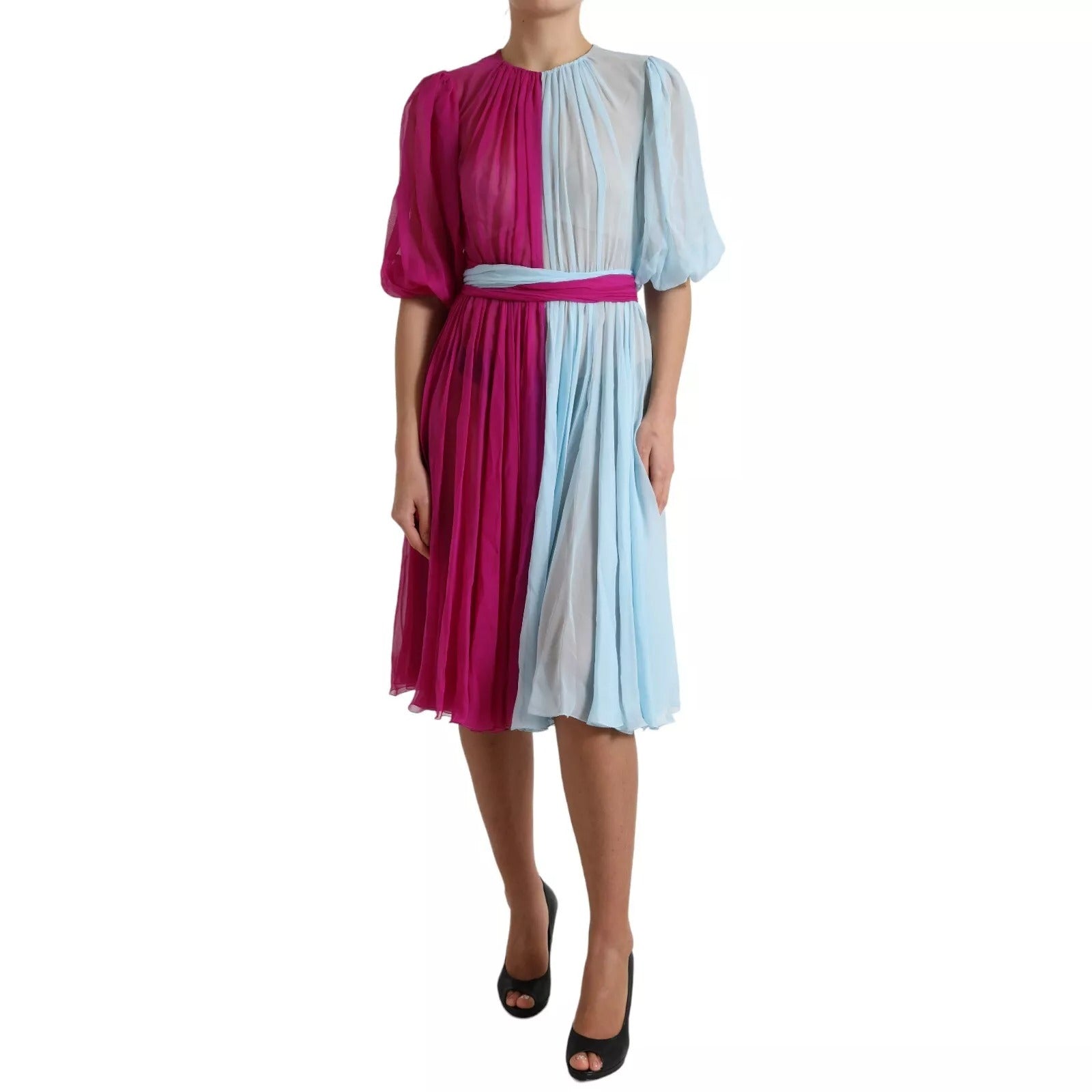 Dolce & Gabbana Light Blue Silk Two Tone Knee Length Dress