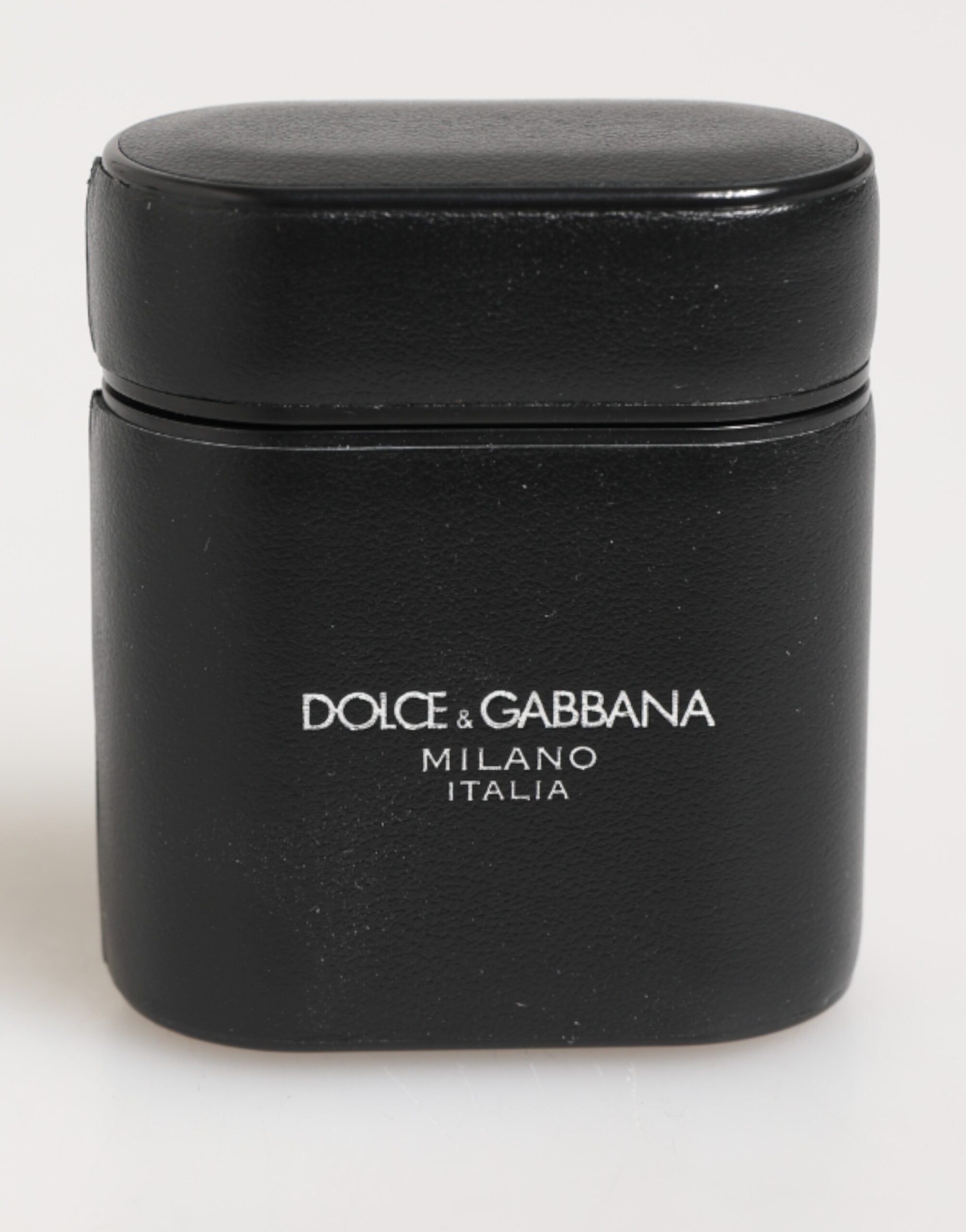Dolce & Gabbana Black Calfskin Leather Logo Print Flip Holder Airpods Case LUNESCAPE