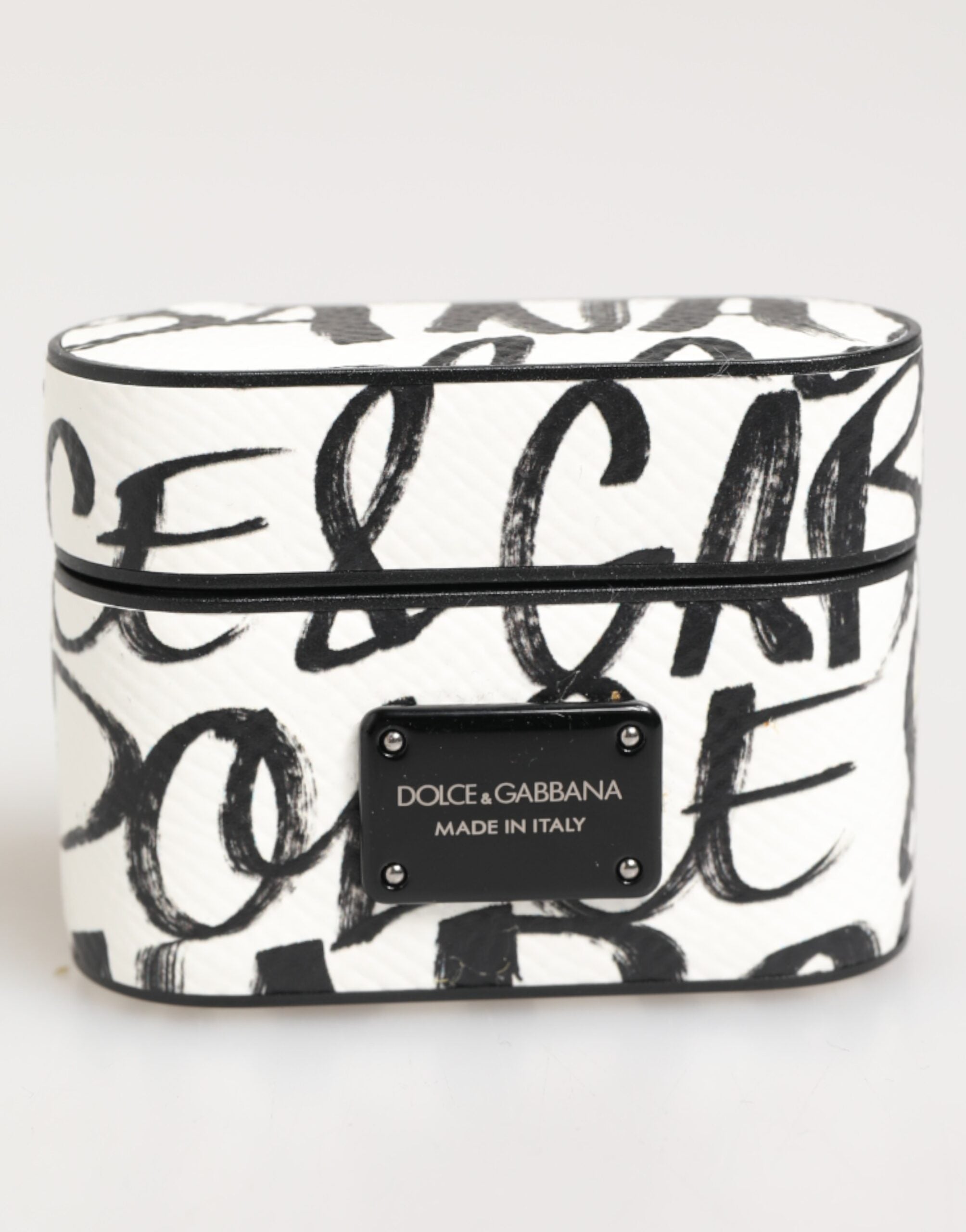 Dolce & Gabbana Black White Leather Monogram Print Logo Holder Airpods Case LUNESCAPE
