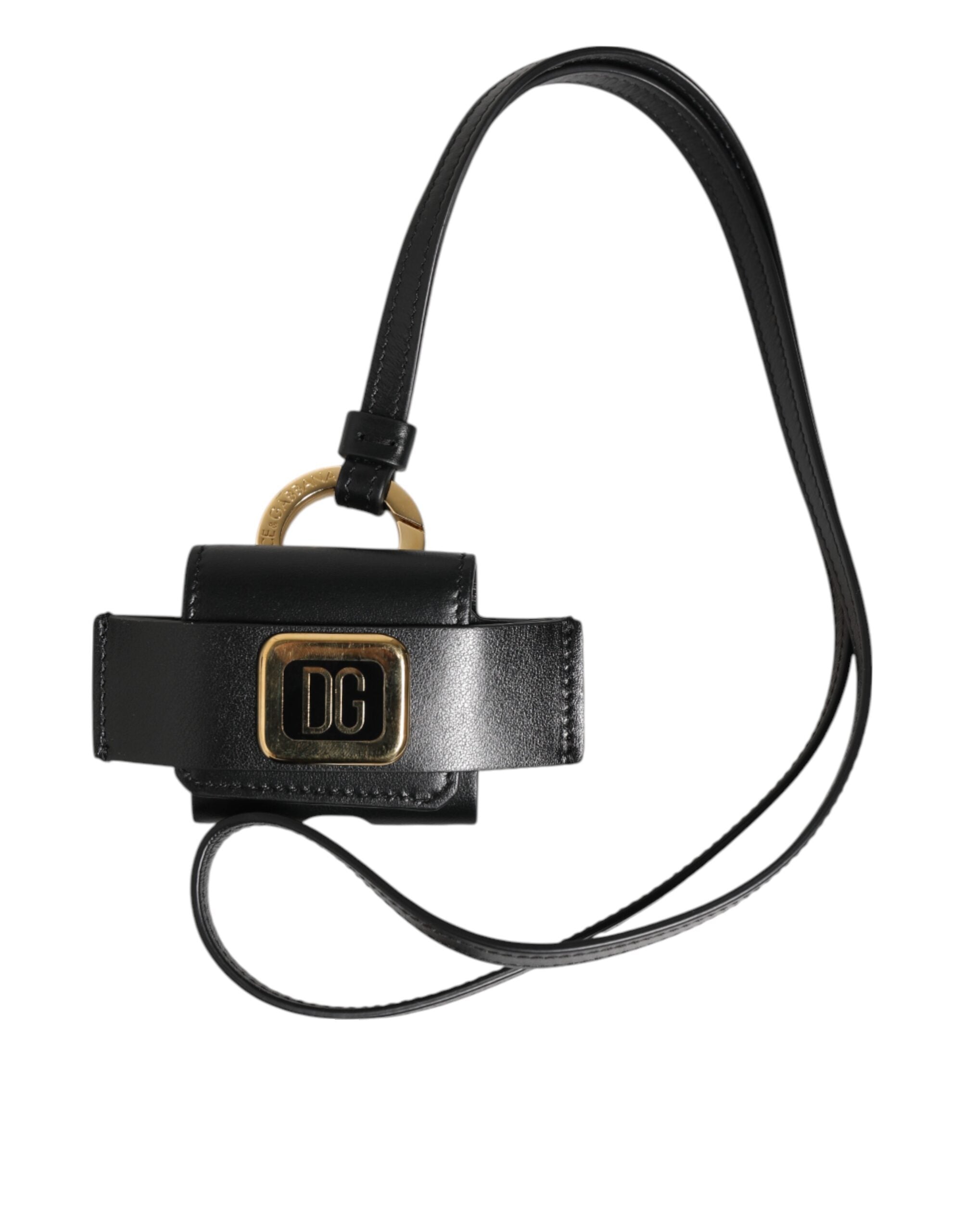 Dolce & Gabbana Black Leather Strap Gold Metal DG Logo Plaque Airpods Case LUNESCAPE