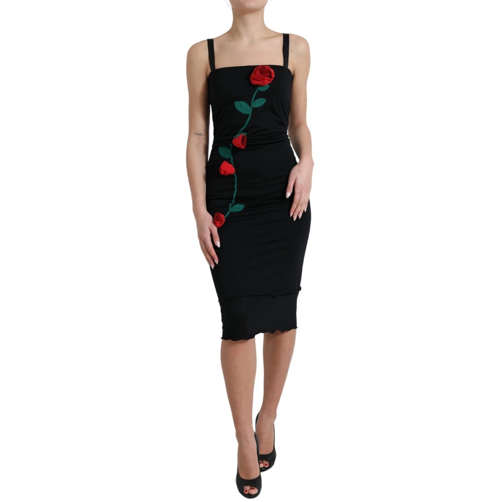 Dolce & Gabbana Black Wool Sleeveless Rose Applique Dress LUNESCAPE
