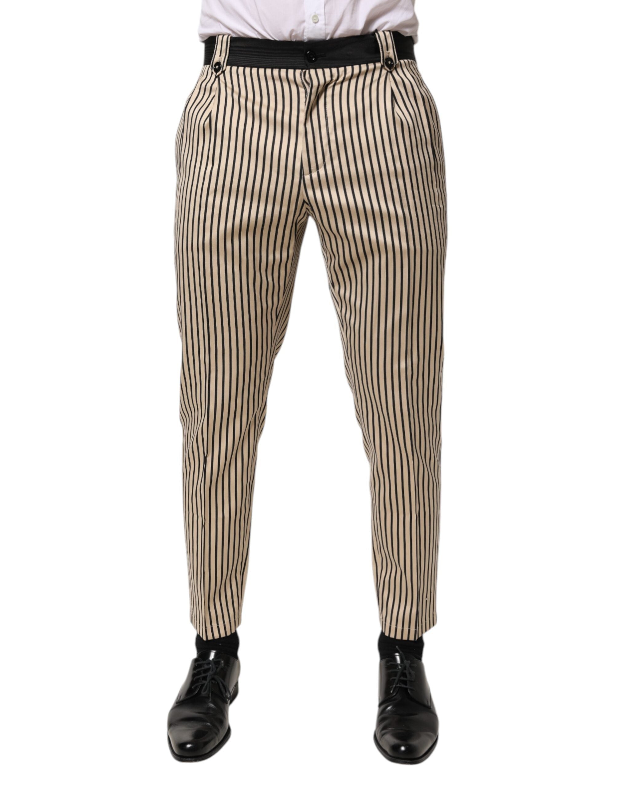 Dolce & Gabbana Beige Black Striped Cotton Slim Fit Trousers Pants LUNESCAPE
