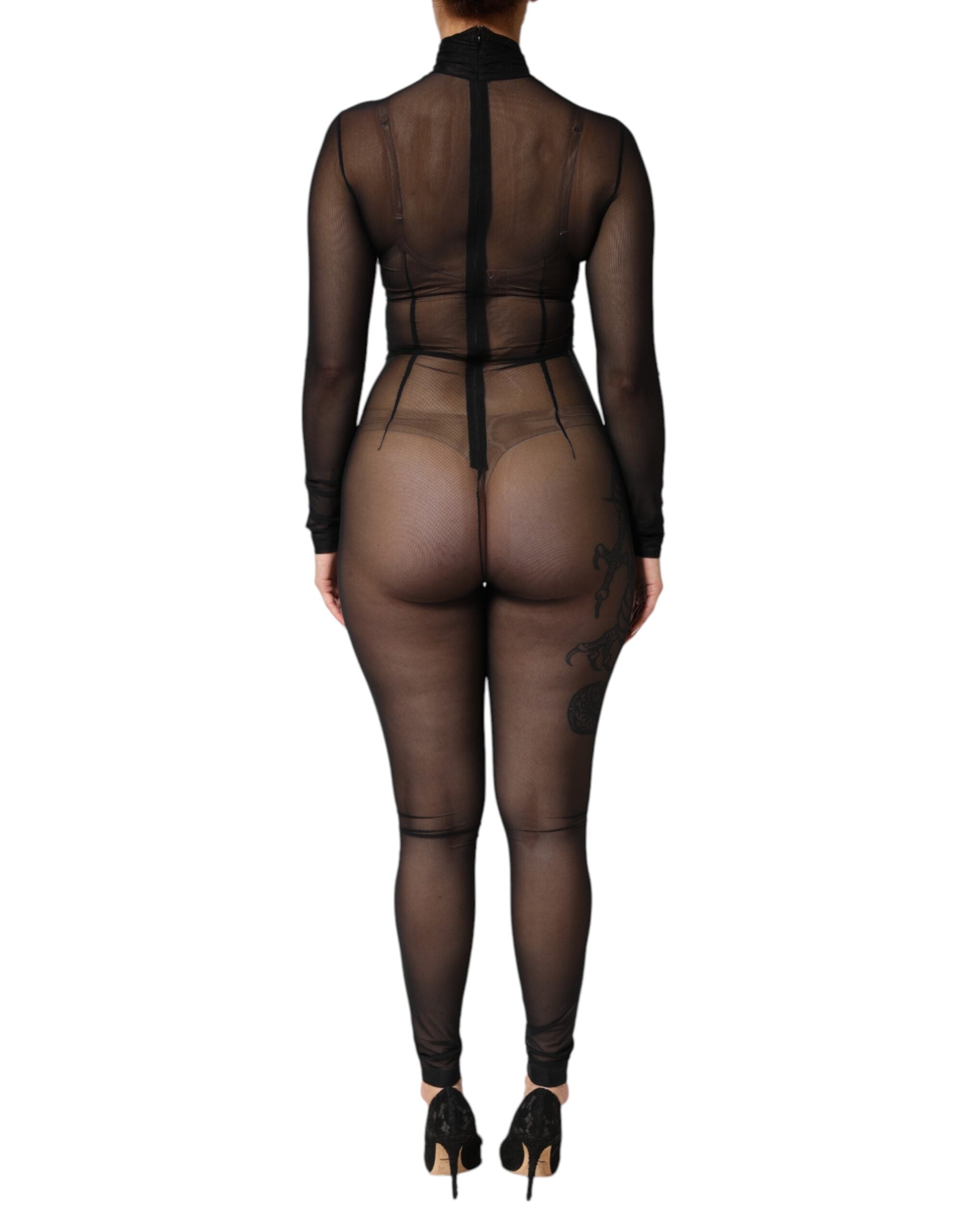 Dolce & Gabbana Black Sheer Mesh Long Sleeve Jumpsuit Bodysuit