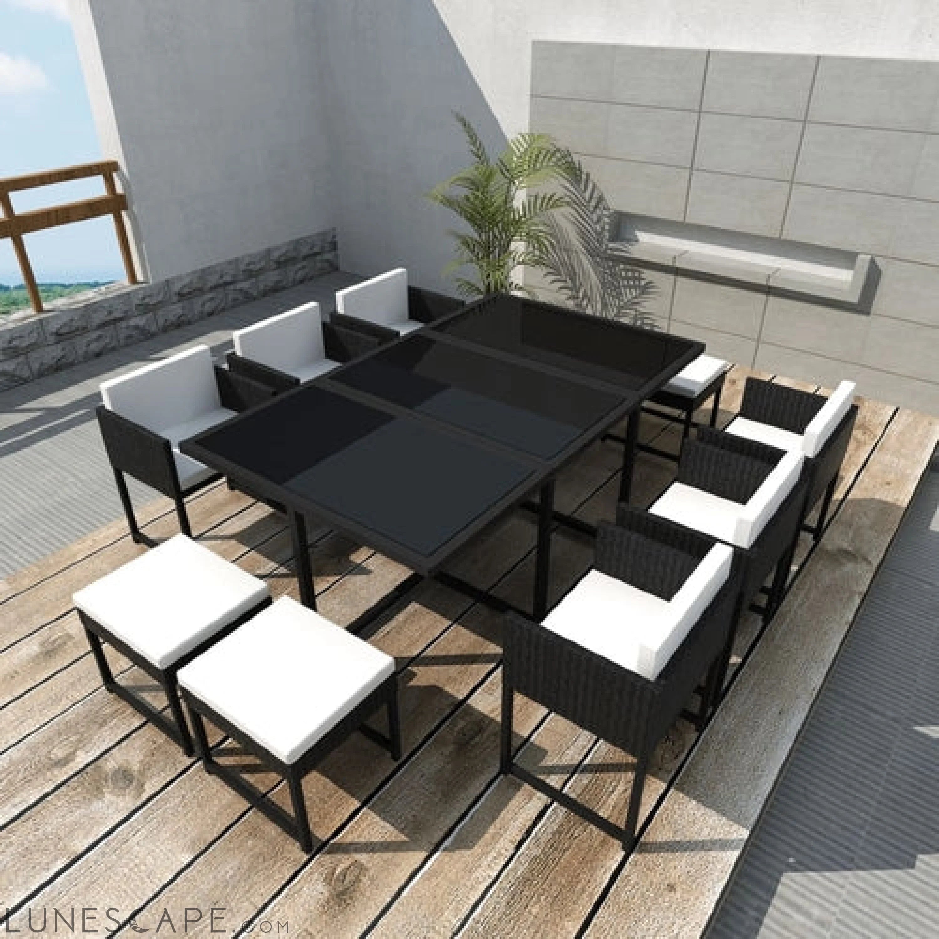 9 Piece Outdoor Dining Set with Cushions Poly Rattan Black LUNESCAPE