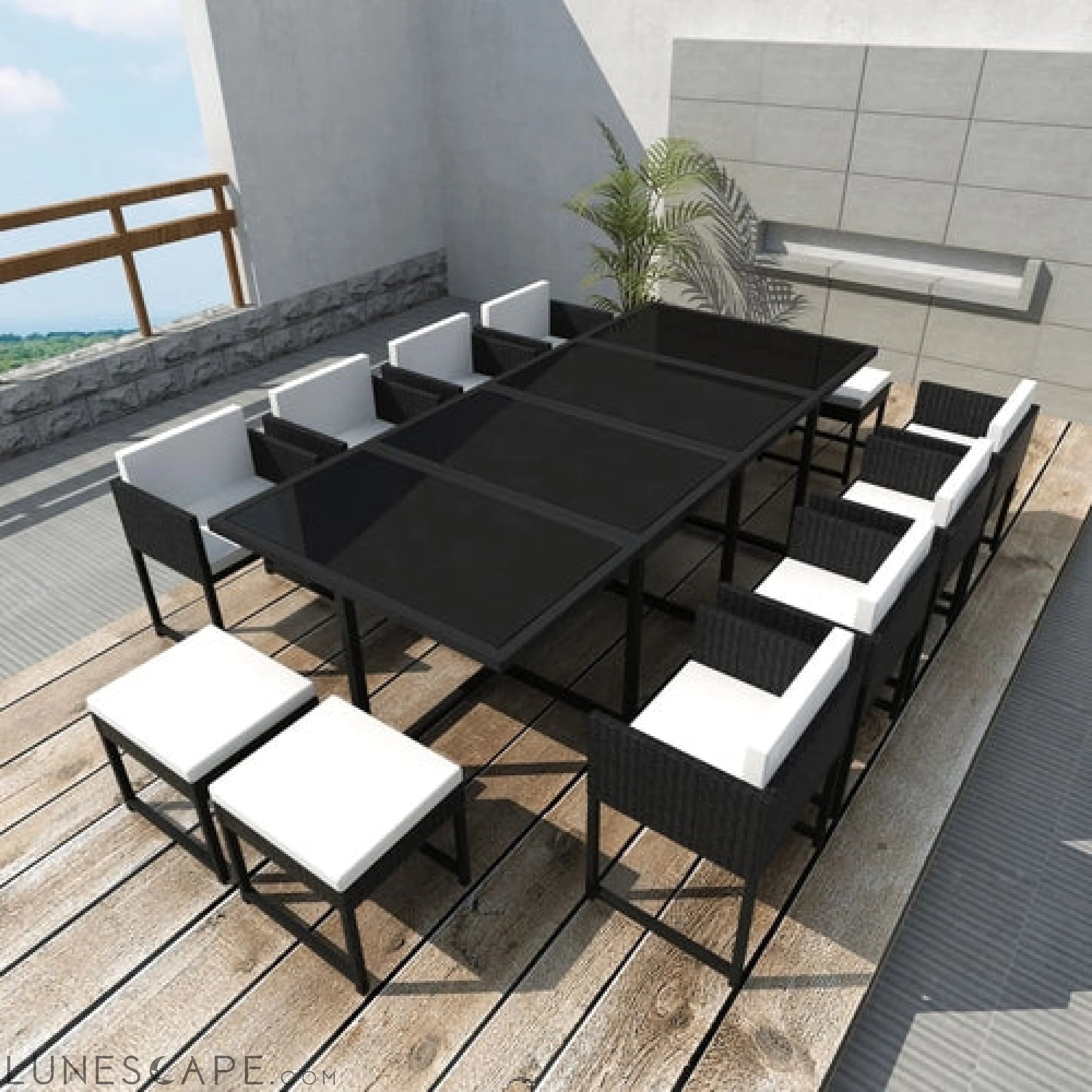 9 Piece Outdoor Dining Set with Cushions Poly Rattan Black LUNESCAPE