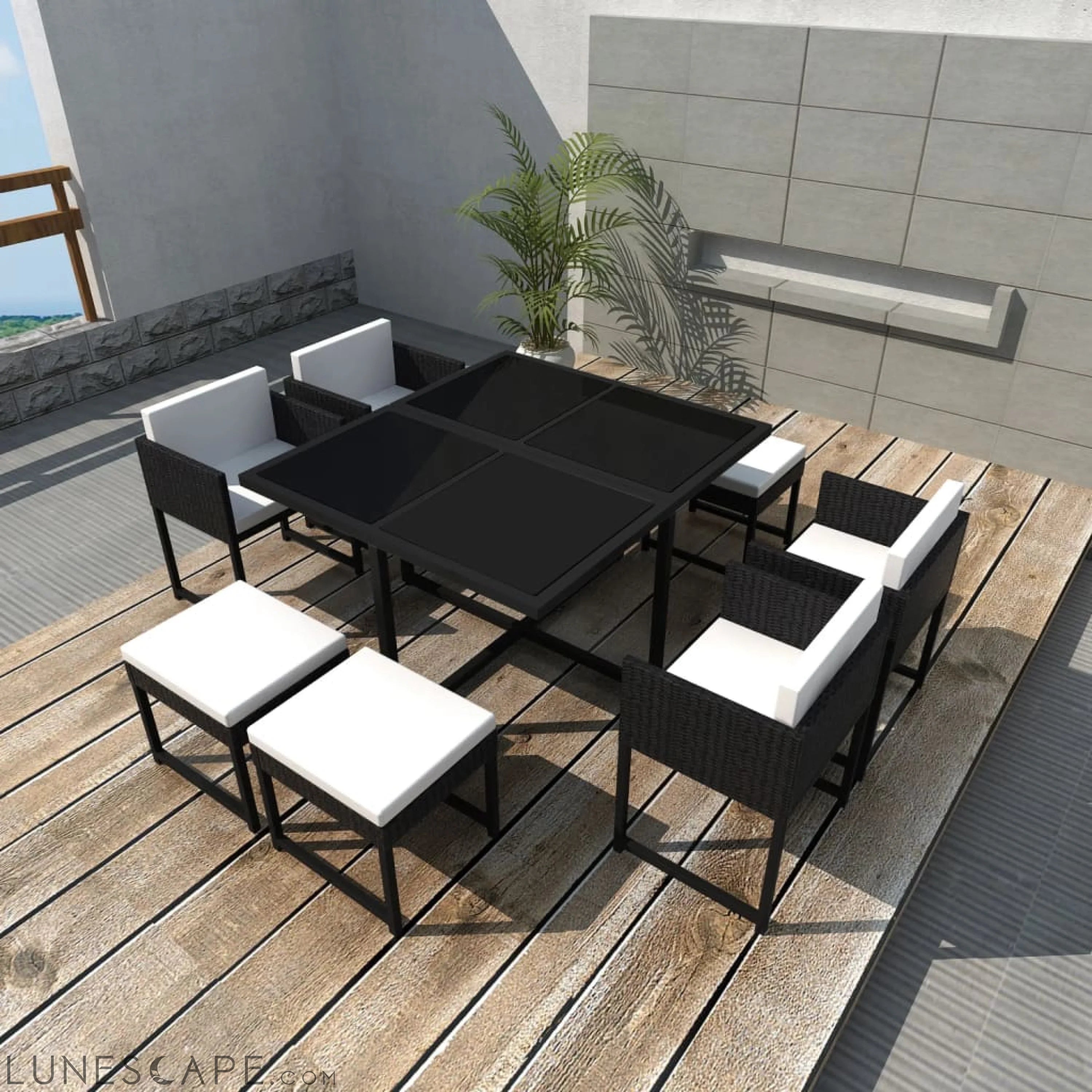 9 Piece Outdoor Dining Set with Cushions Poly Rattan Black LUNESCAPE