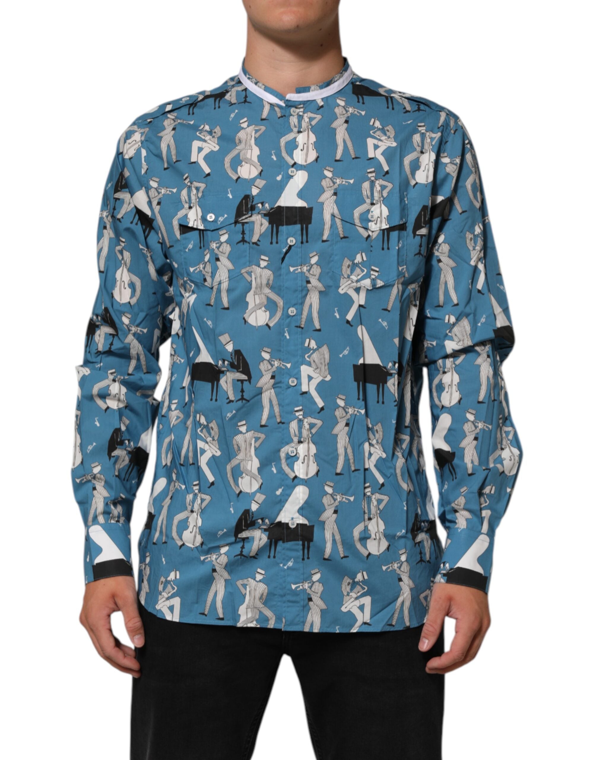 Dolce & Gabbana Blue Jazz Printed Cotton Button Front Shirt LUNESCAPE